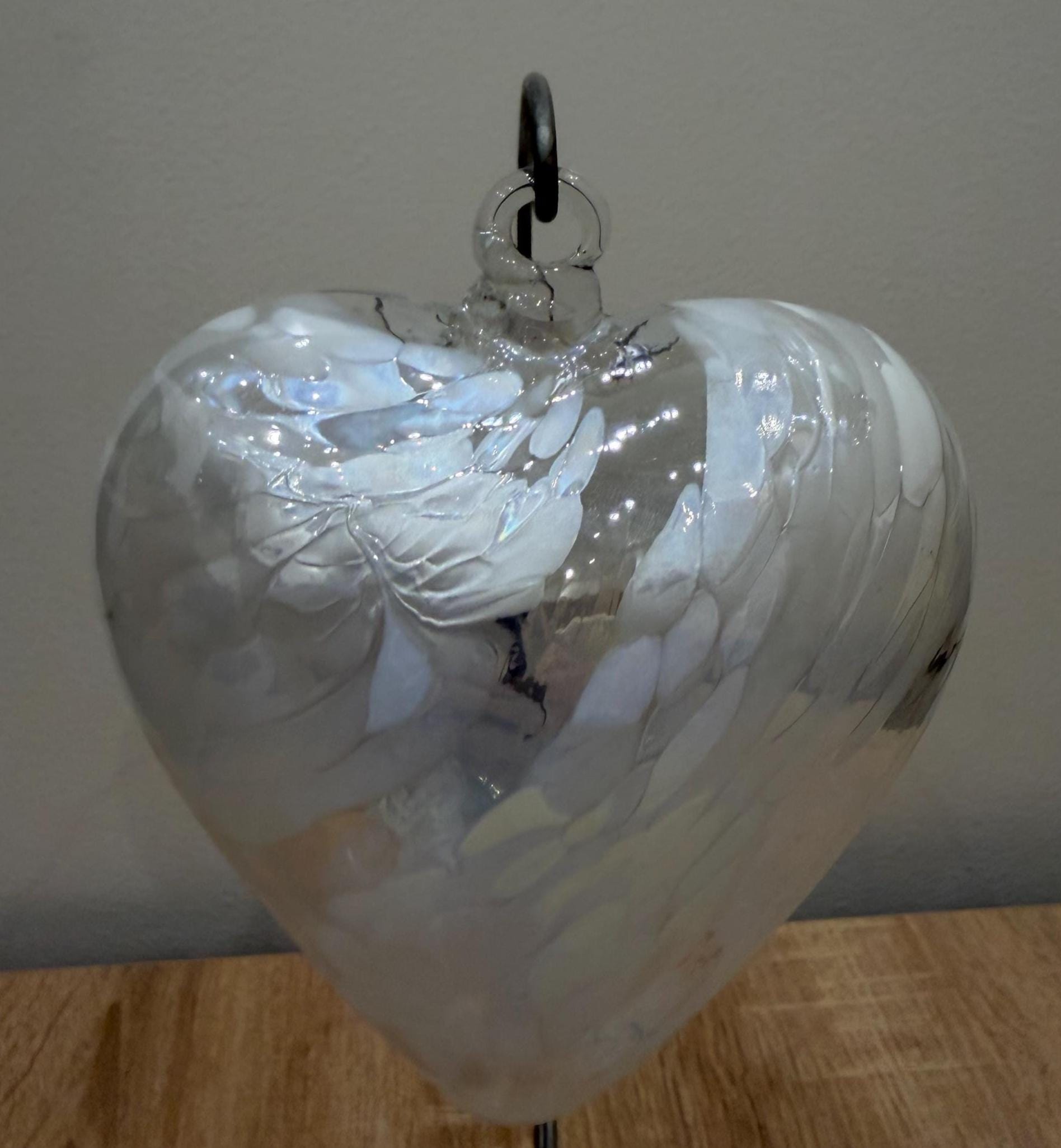 Hand Blown Glass Heart Ornament 12cm  – White Iridescent Suncatcher, Minimalist Decor
