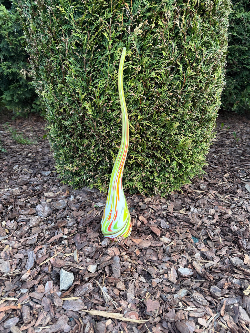 Hand-Blown Glass Garden Flame Sculpture – 50cm Green Yellow Orange Swirl Outdoor Art