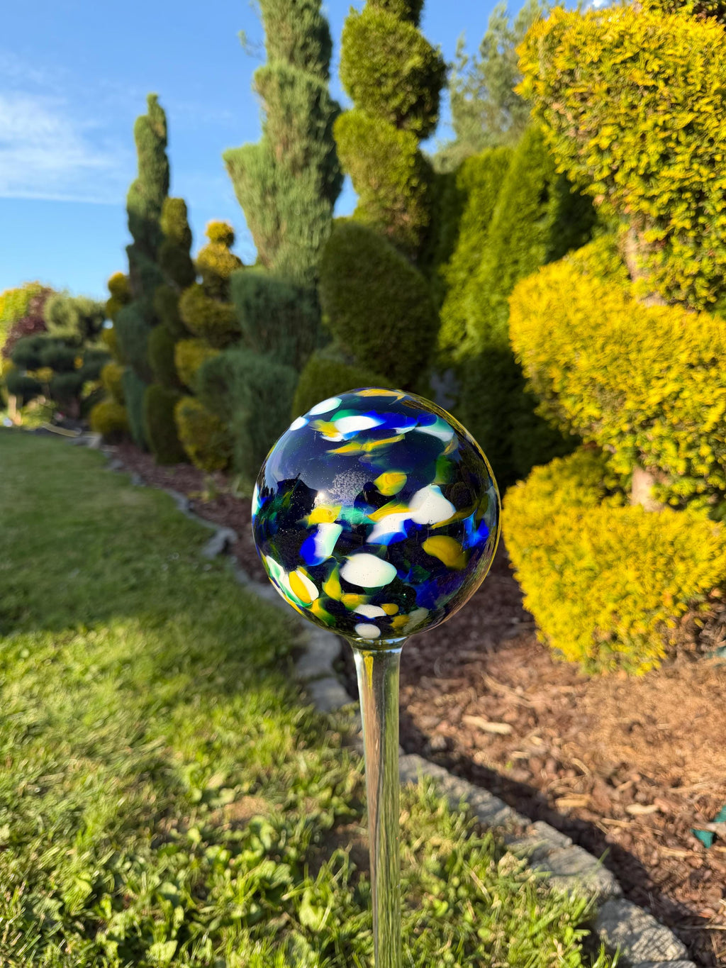 15cm Blue Confetti Glass Garden Stake - Hand Blown Garden Globe - 80cm Yard Art