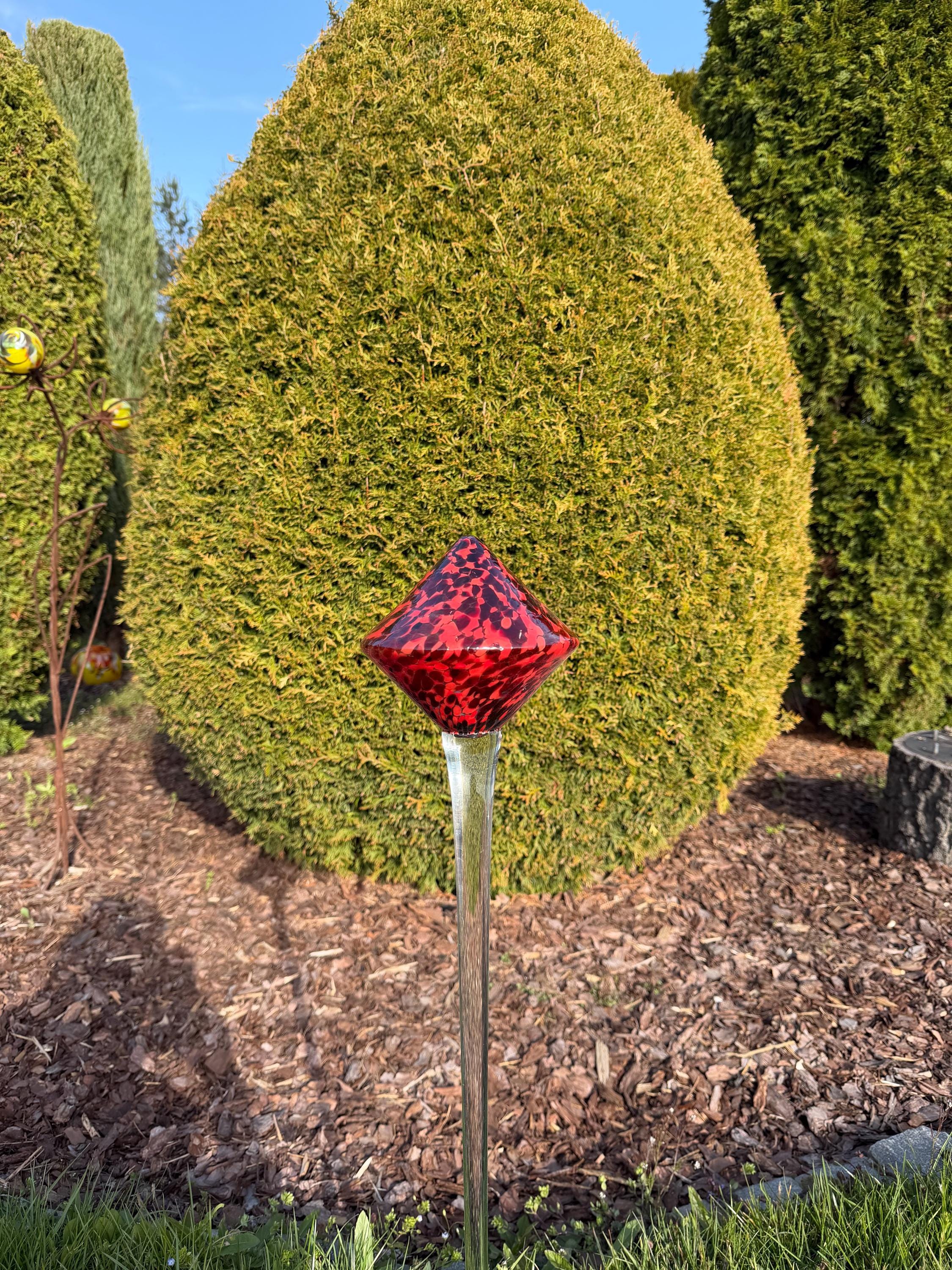 Tall 70cm Hand-Blown Glass Garden Stake – Red Black Diamond(15cm) Crackle Outdoor Sculpture