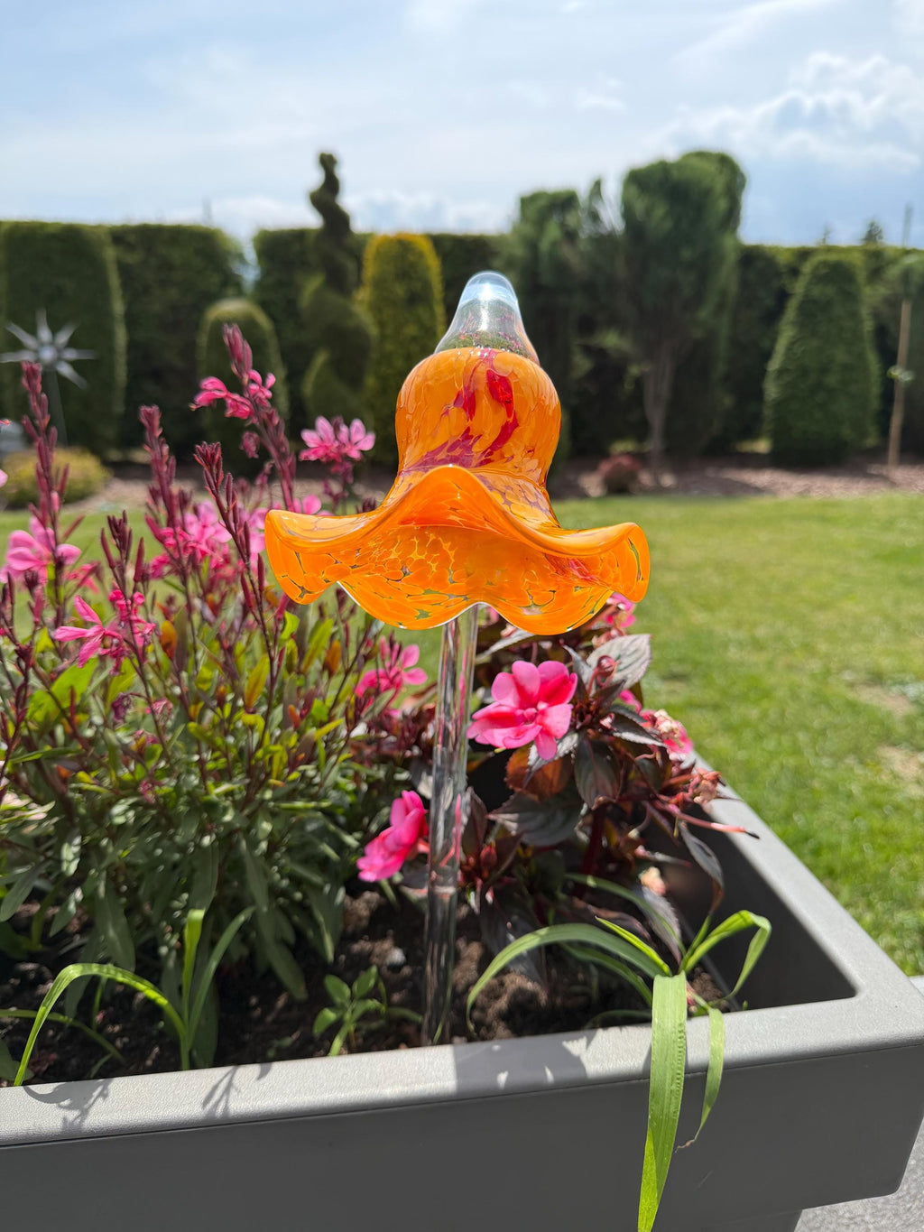 Set of 3 12cm Glass Flower Garden Stakes - Hand Blown Garden Art - 50cm Decor