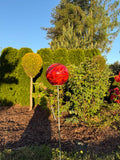115cm Hand-Blown Fiery Red Swirl Glass Garden Stake – 18cm Large Sphere on Metal Pole