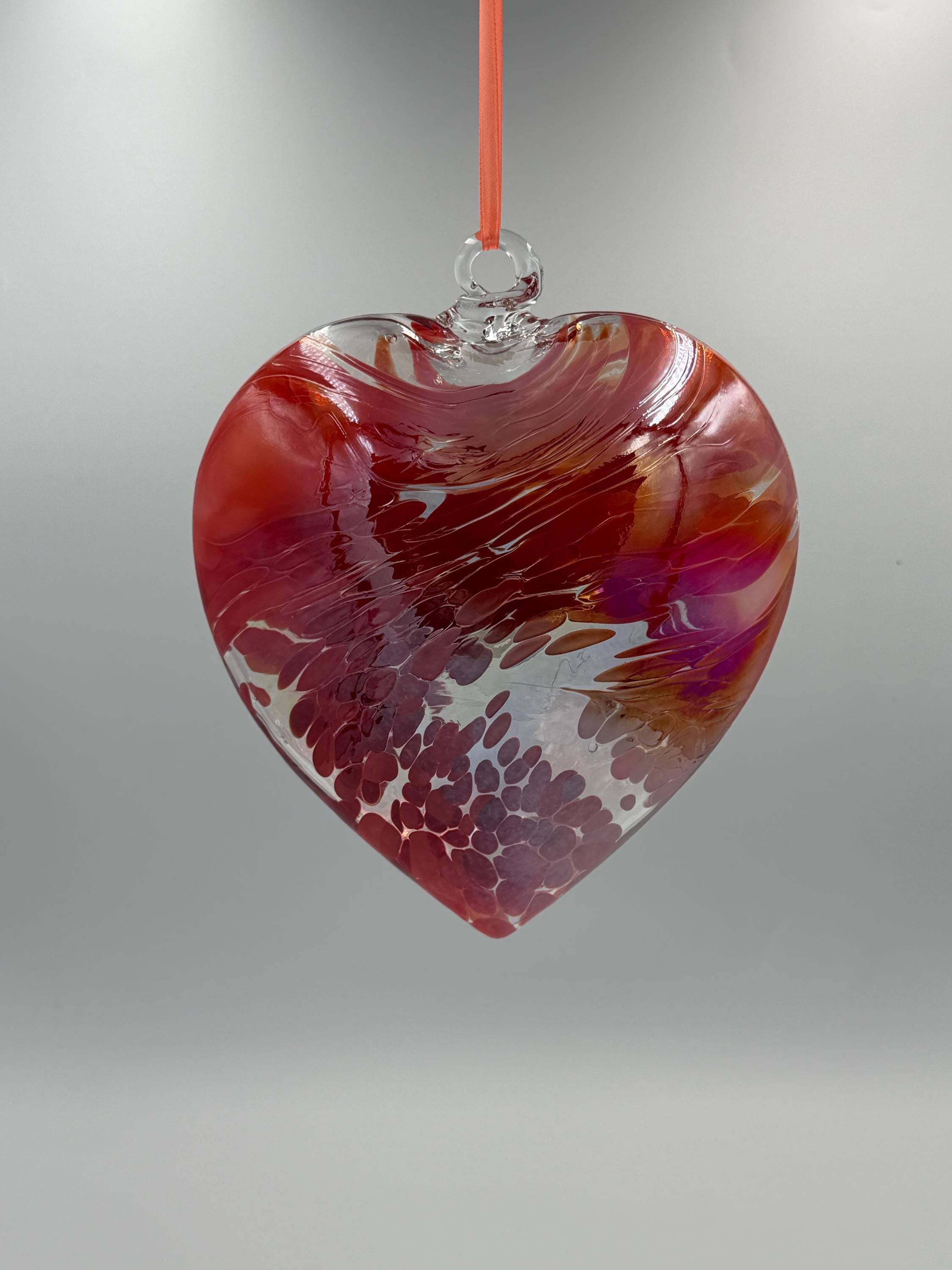 18cm Iridescent Glass Heart Ornament – Hand Blown Pink Heart Suncatcher – Hanging Art