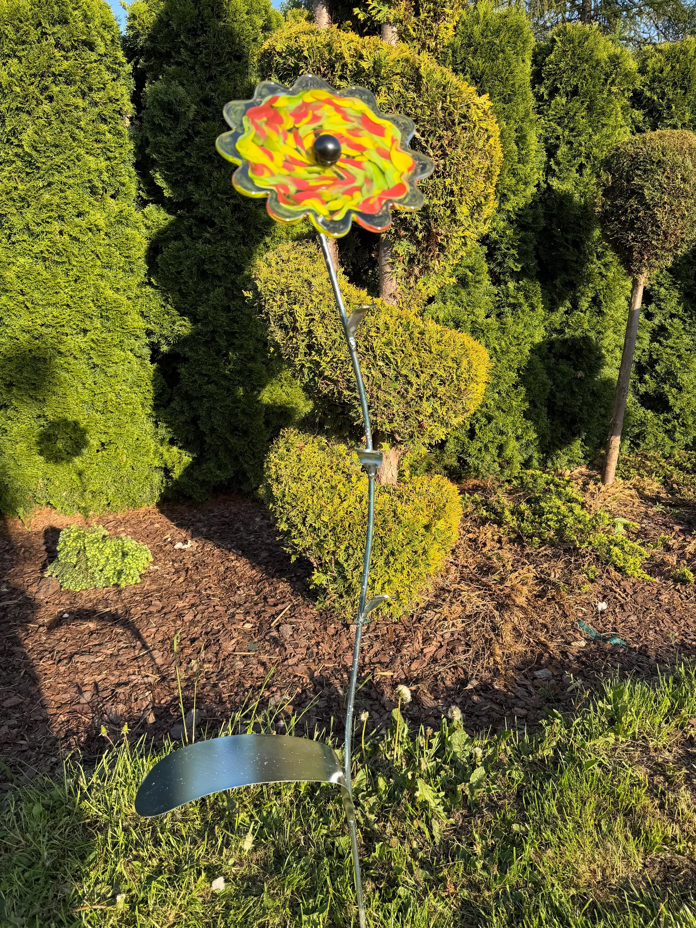 130cm Hand-Blown Multicolor Glass Flower Sculpture on Metal Stake – 22cm Large Garden Art