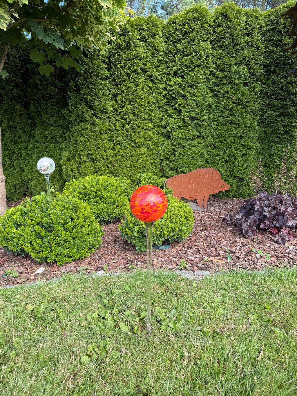 15cm Orange Glass Garden Stake - Hand Blown Garden Globe - 80cm Outdoor Decor