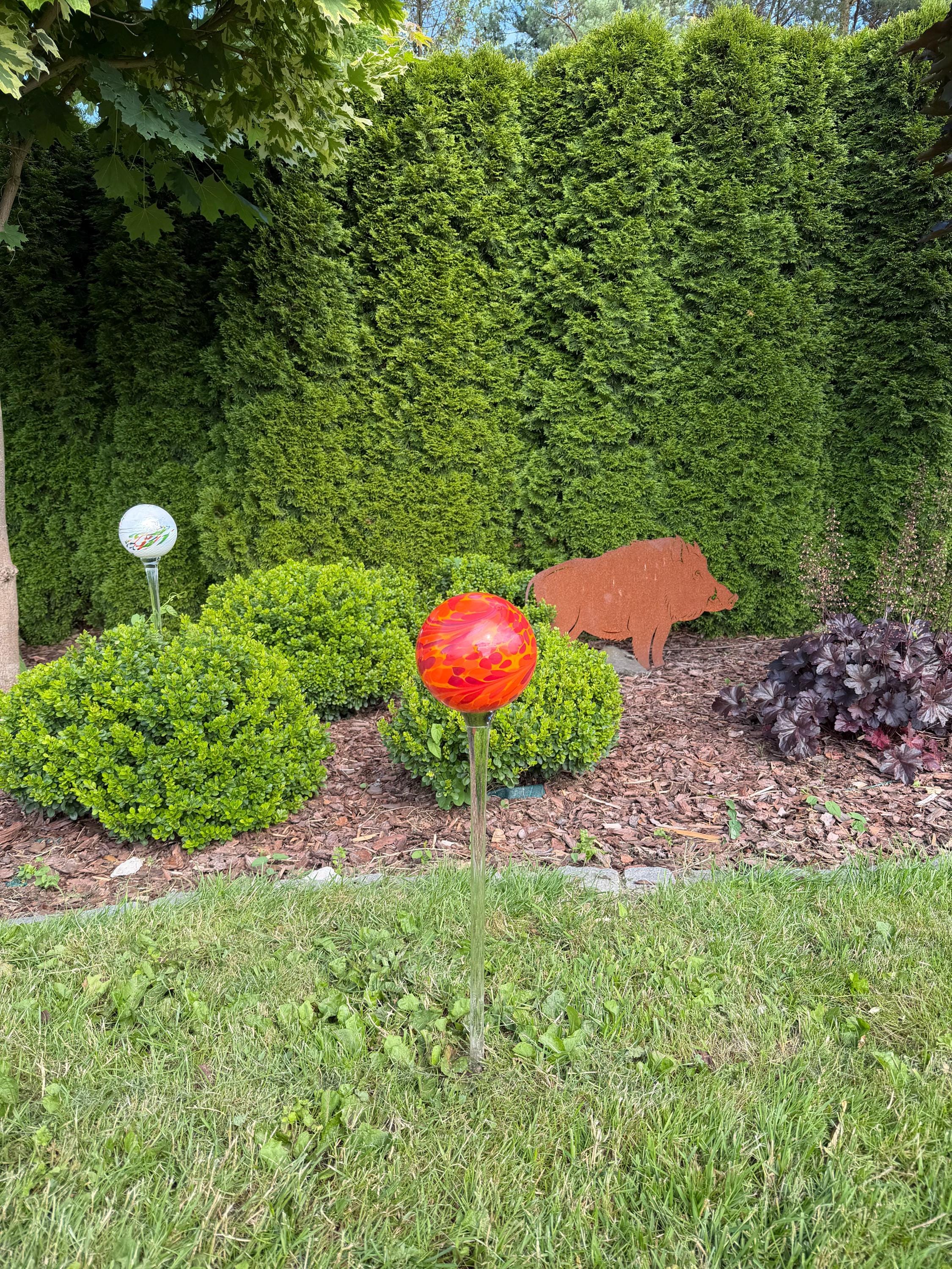 15cm Orange Glass Garden Stake - Hand Blown Garden Globe - 80cm Outdoor Decor