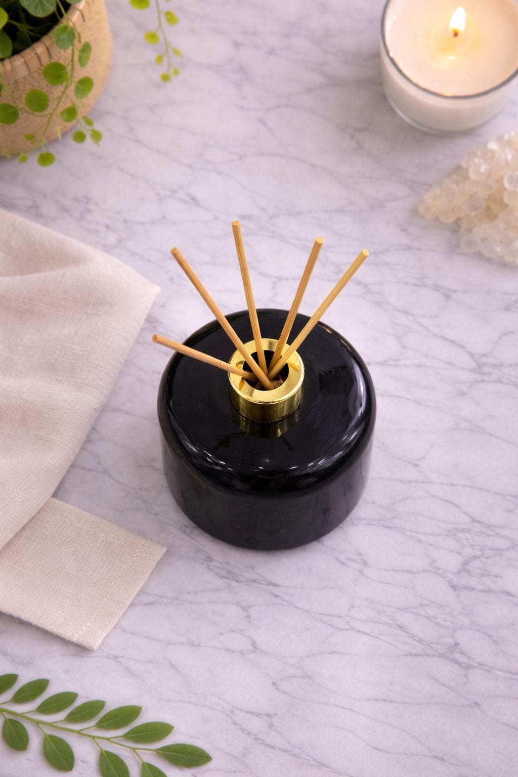 Handblown Glossy Black Art Glass Reed Diffuser Bottle - Gold Collar