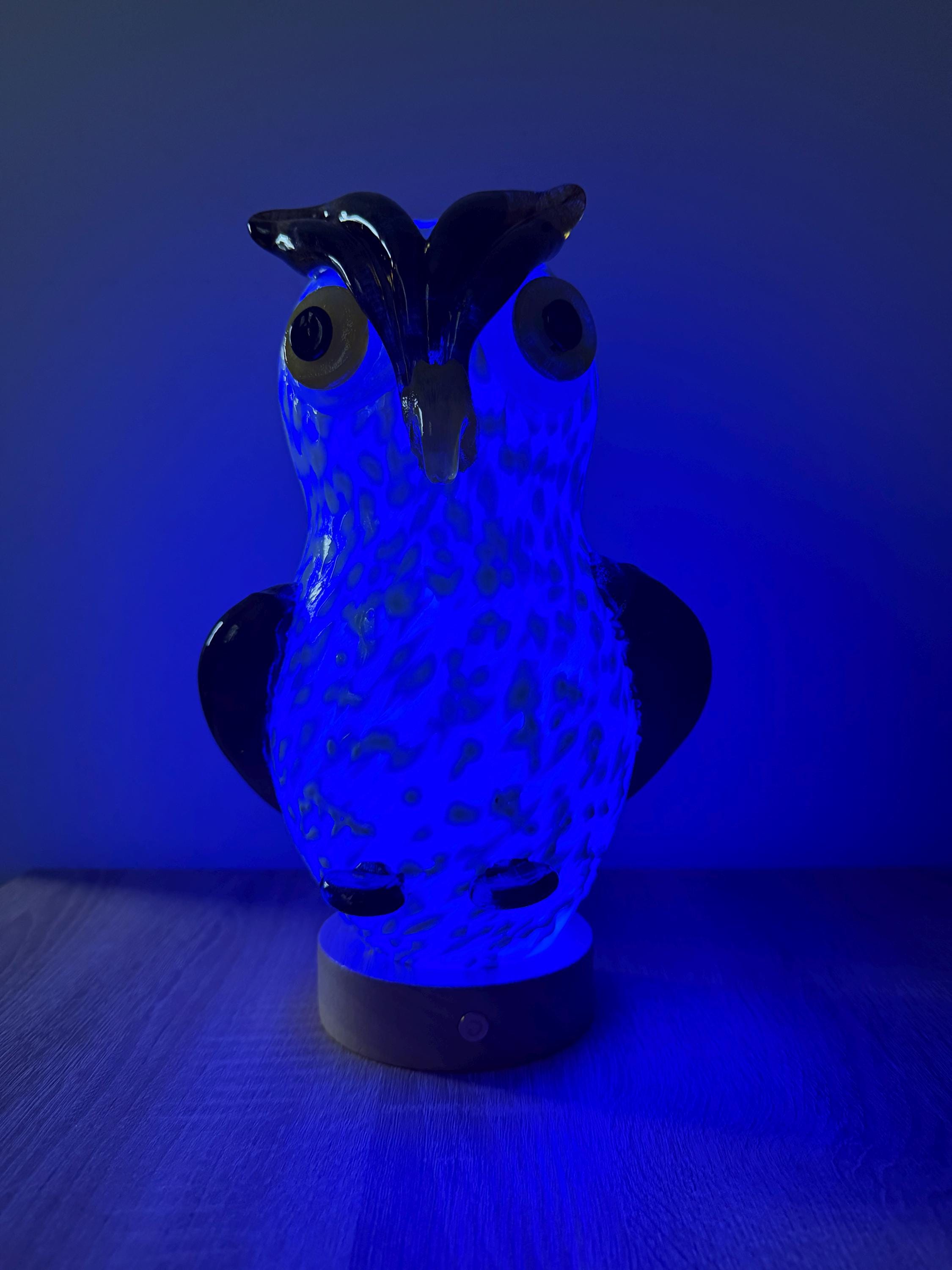 25cm Hand-Blown Glass Owl Lamp – Color Changing LED Touch Light Wooden Base
