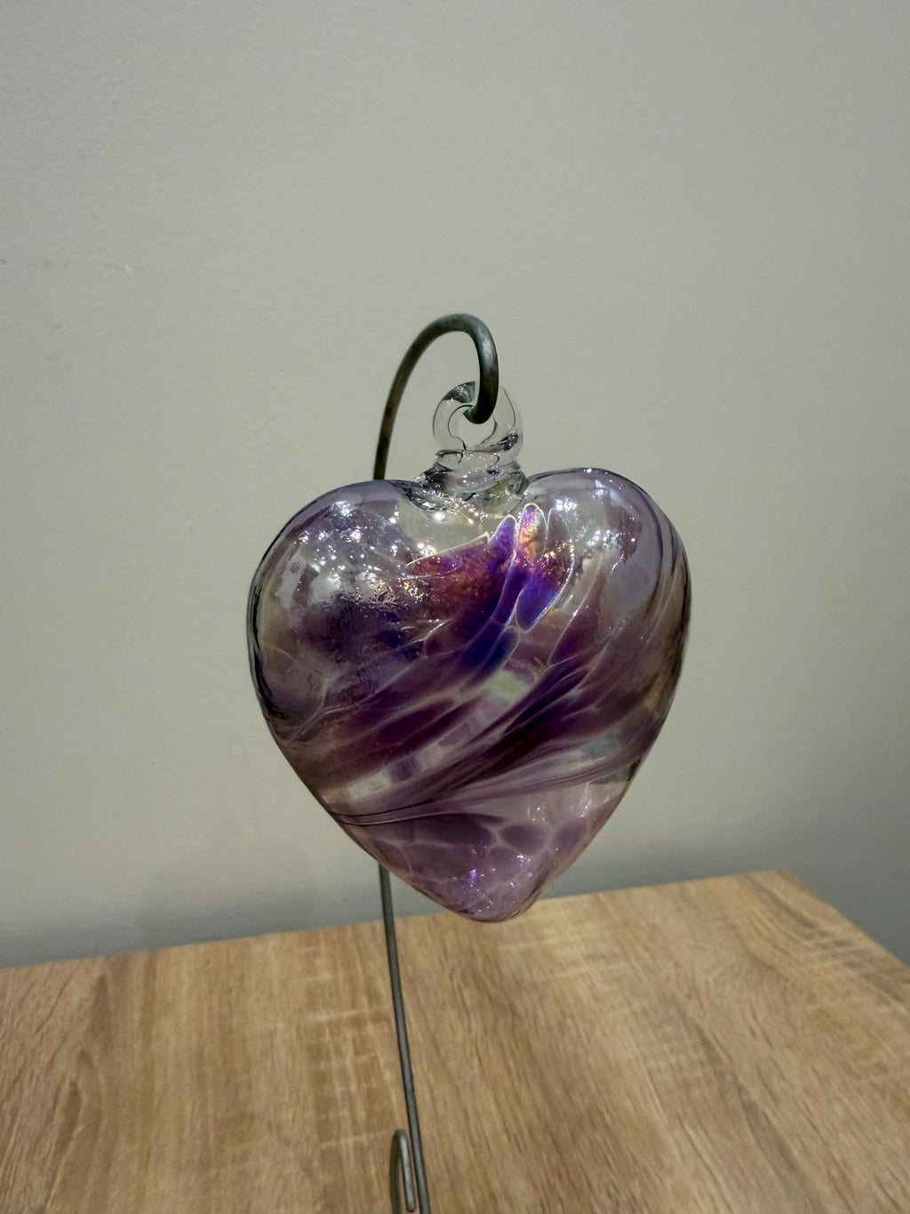 Hand-Blown Glass Heart Ornament 8cm – Purple Iridescent Crackle Heart – Custom Color Option