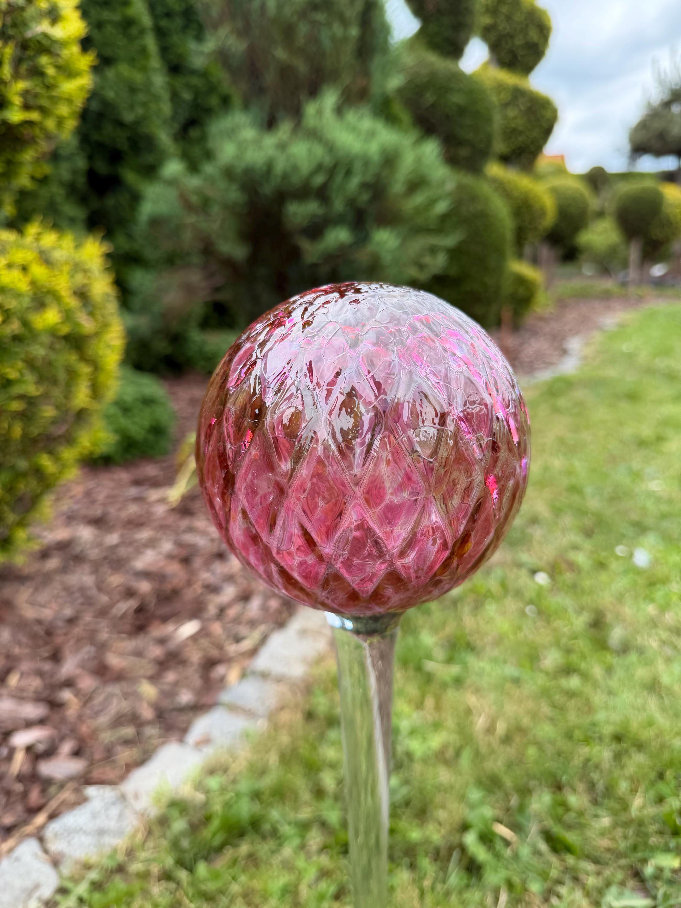 70cm Pink Glass Garden Ball on Stake – 12cm Hand Blown Gazing Ball – Handmade Ornament
