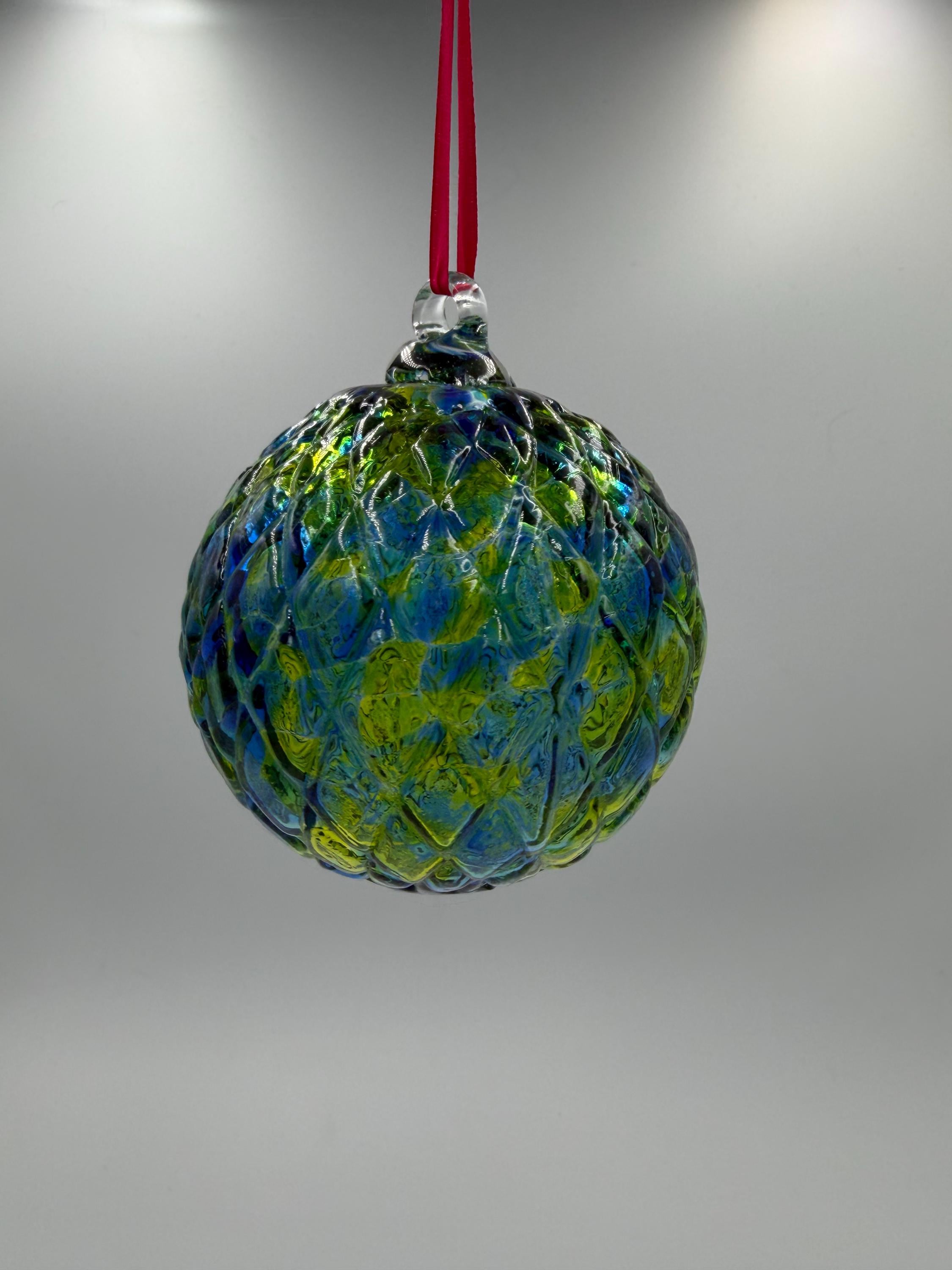 10cm Hand-Blown Crackle Glass Ornament – Iridescent Green Blue Yellow Hanging Sphere