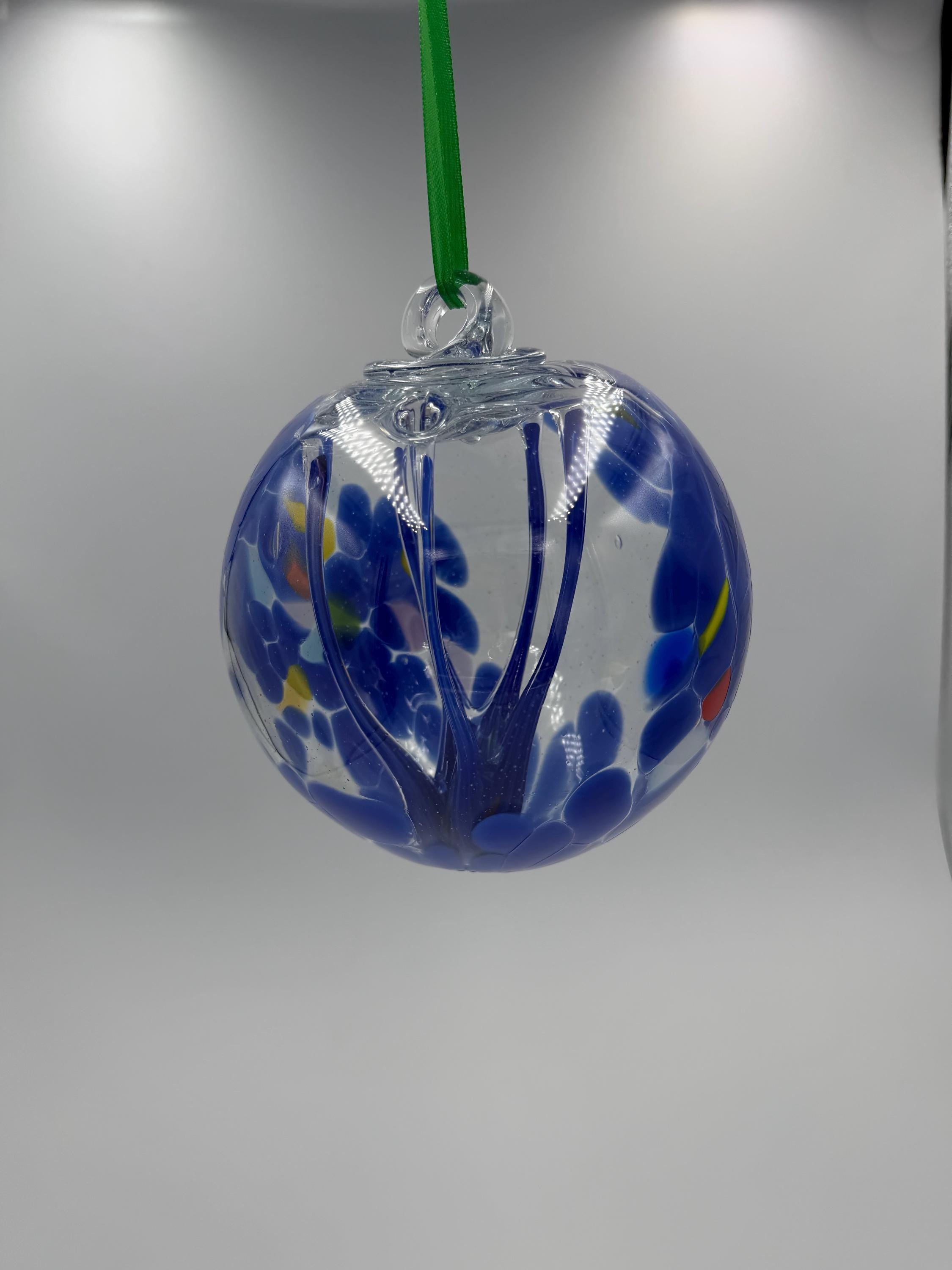 15cm Hand-Blown Blue Flower Glass Christmas Ornament – Clear Hanging Ball Suncatcher