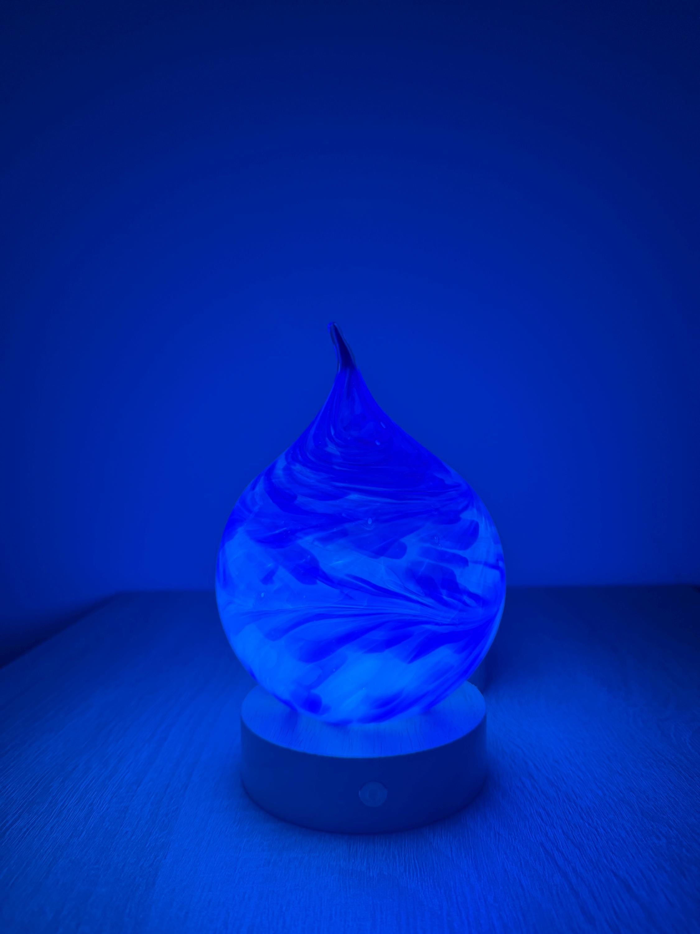 12cm Hand-Blown Blue Teardrop Glass LED Lamp – Battery Powered Multicolor or Warm White