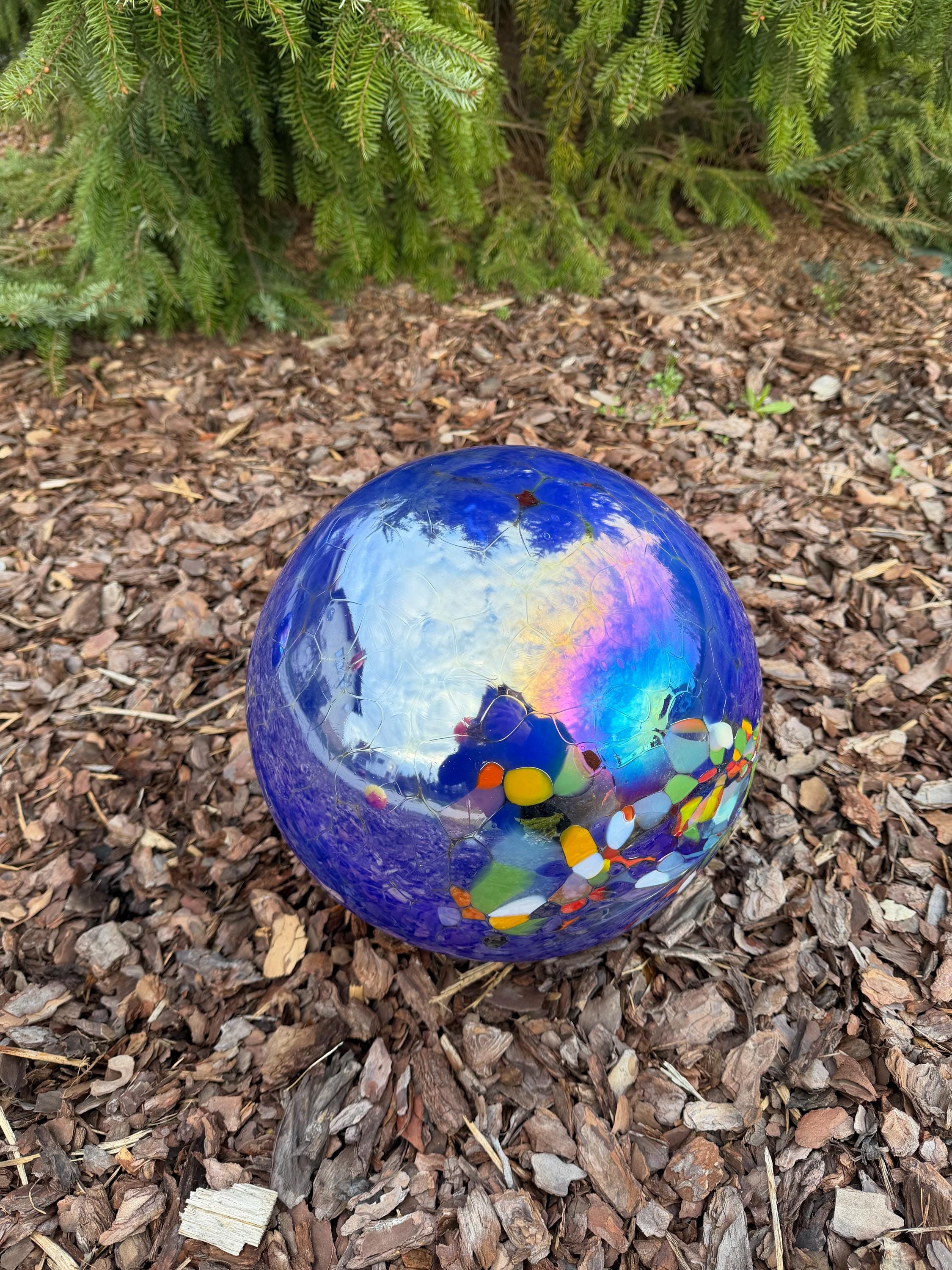 30cm Large Cracked Glass Garden Orb – Iridescent Blue Mosaic Sphere, Yard Sculpture Ornament