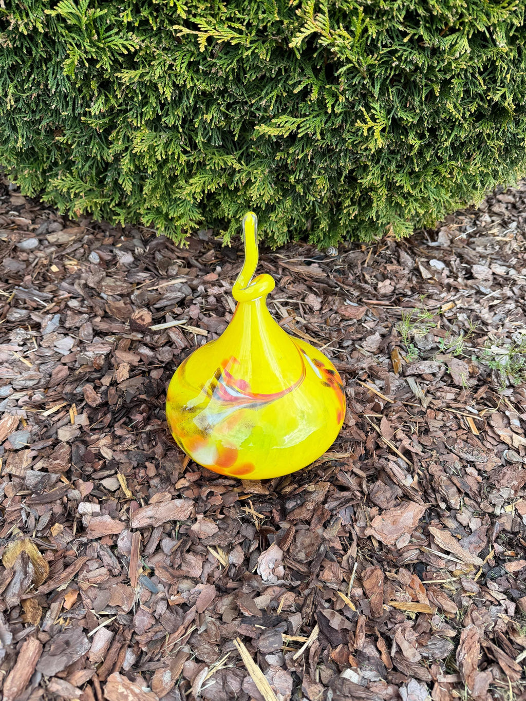 30cm Hand-Blown Glass Teardrop – Yellow Red Orange Swirl Garden Decor / Sculpture