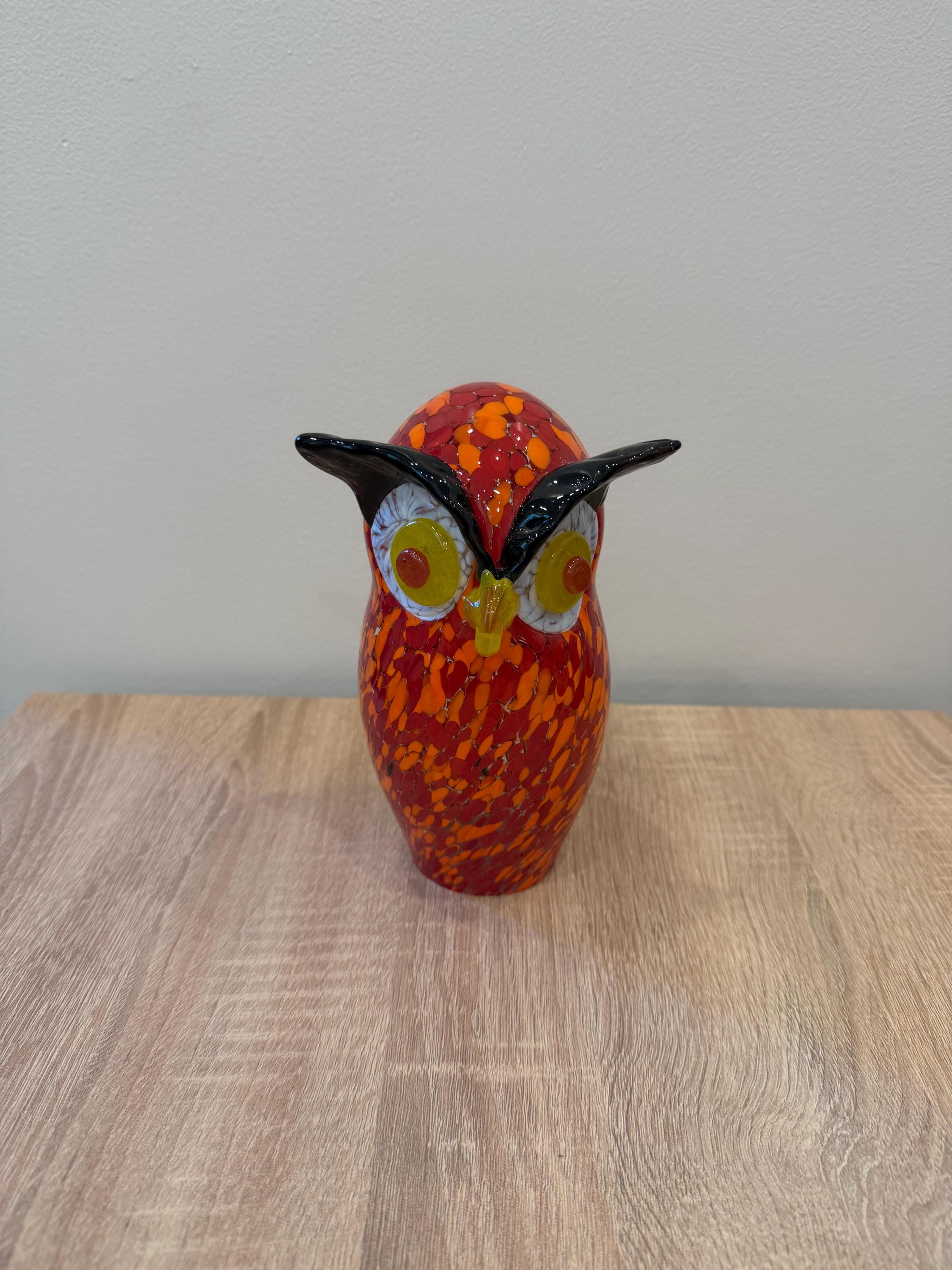 15cm Hand-Blown Red Orange Glass Owl Figurine – Colorful Art Glass Sculpture