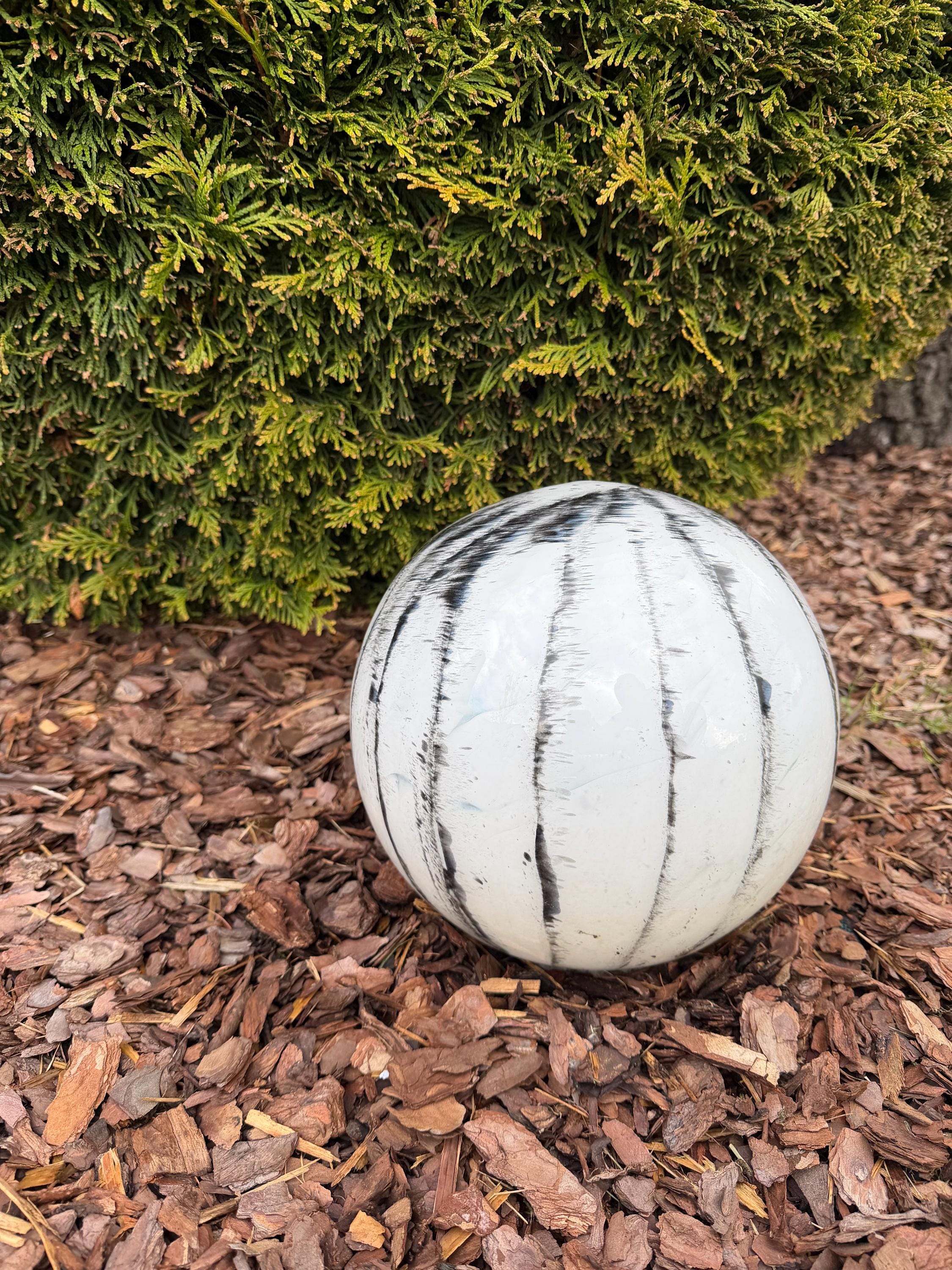 25cm Hand-Blown Glass Garden Sphere – White Black Striped Marble Gazing Ball