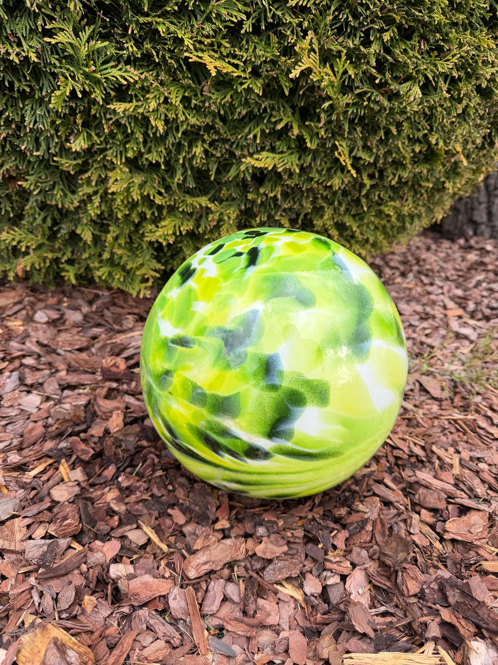 25cm Hand-Blown Glass Garden Sphere – Lime Green Dark Green Swirl Large Gazing Ball