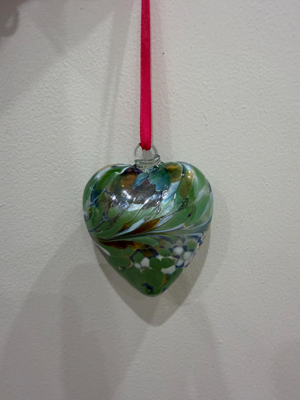 Hand-Blown Glass Heart Ornament 8cm – Green Multicolor Swirl Crackle Heart – Custom Color Option