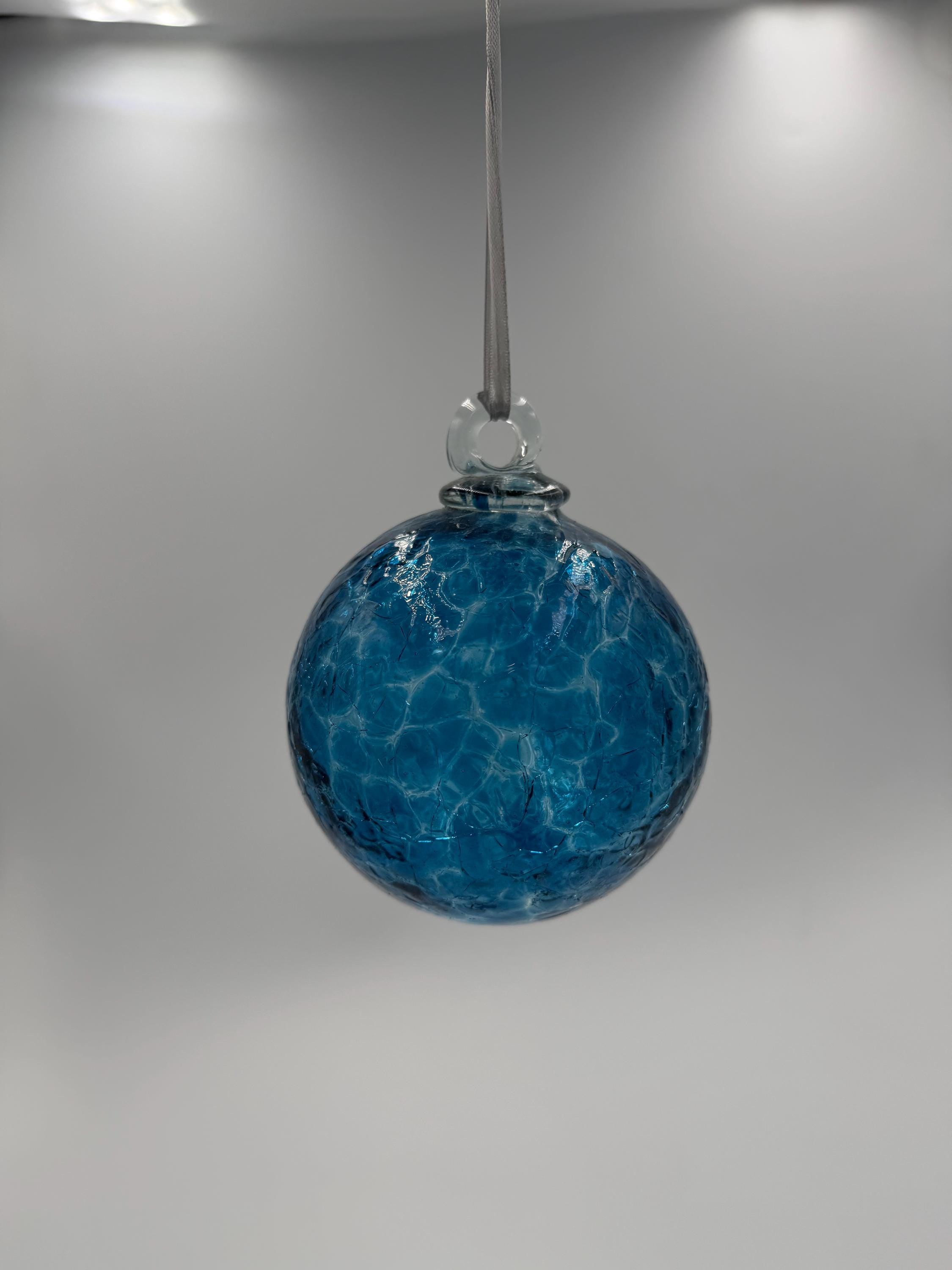 10cm Hand-Blown Aqua Blue Glass Ornament Ball – Textured Hanging Art Glass Sphere