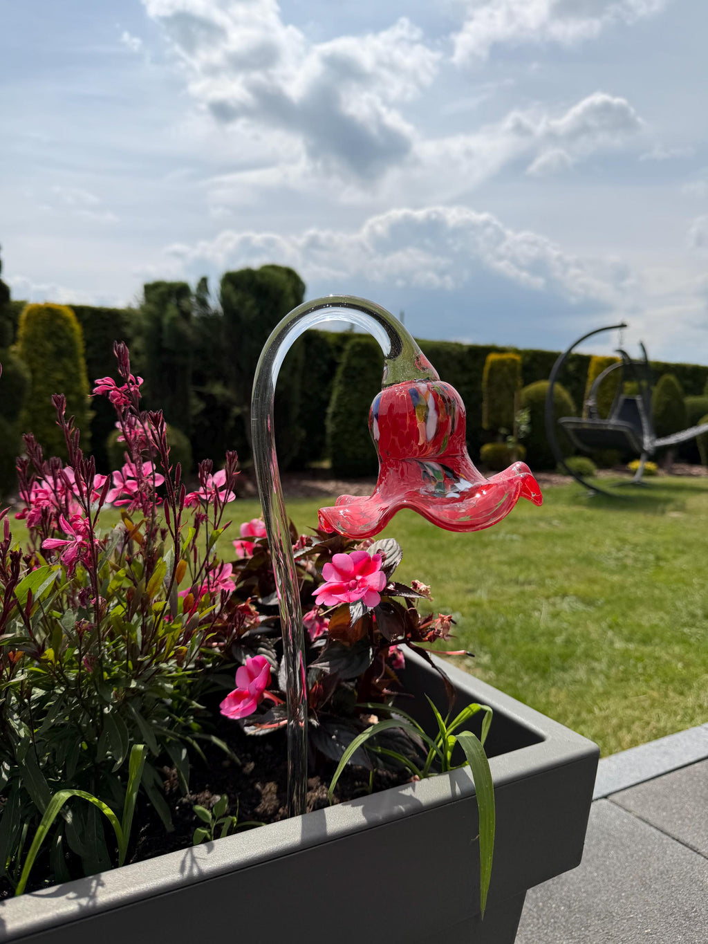 Set of 3 12cm Glass Flower Garden Stakes - Hand Blown Garden Art - 50cm Decor