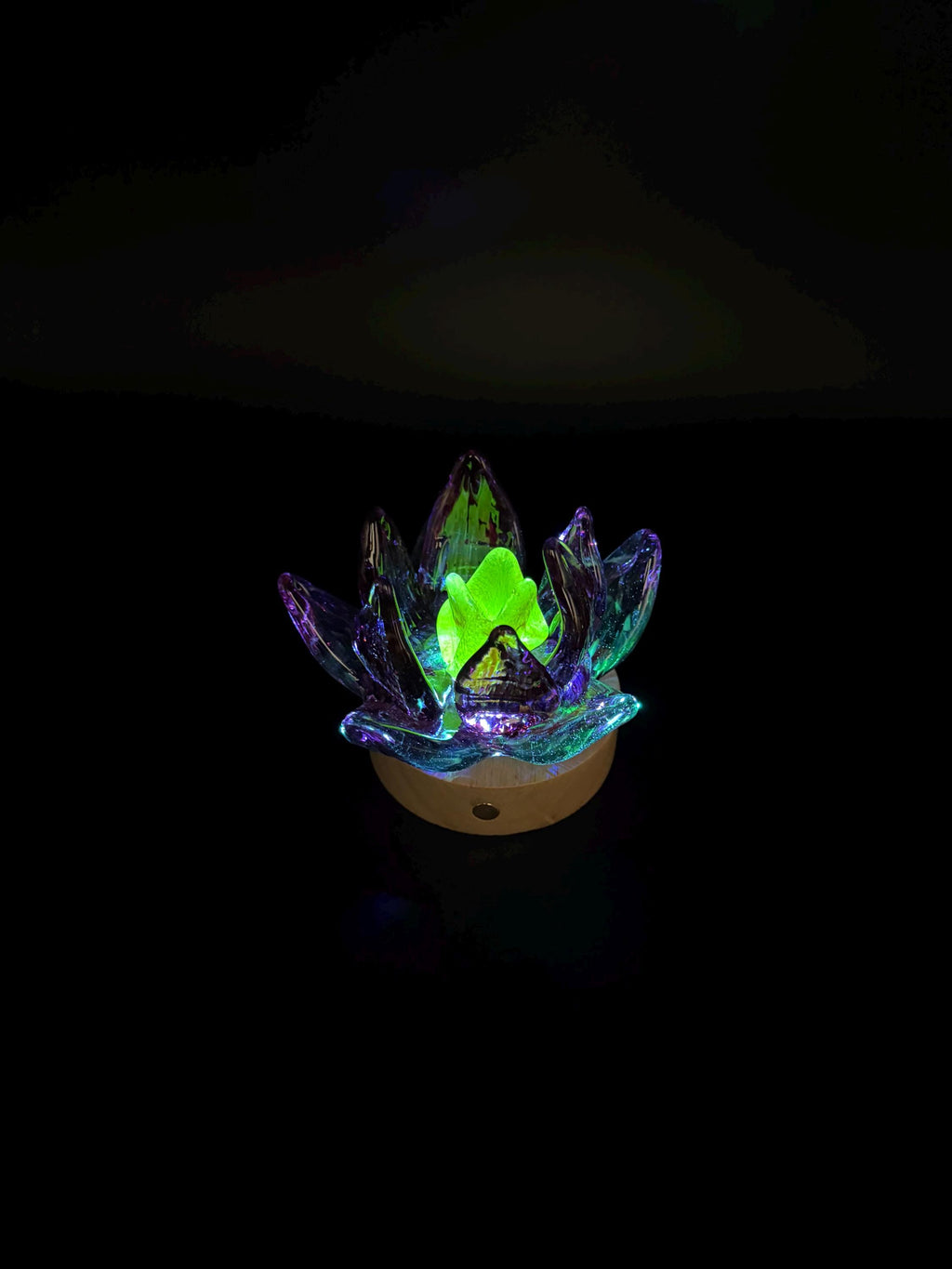 Hand Blown Glass Flower Night Light – Touch Lamp with Wooden Base (12cm)