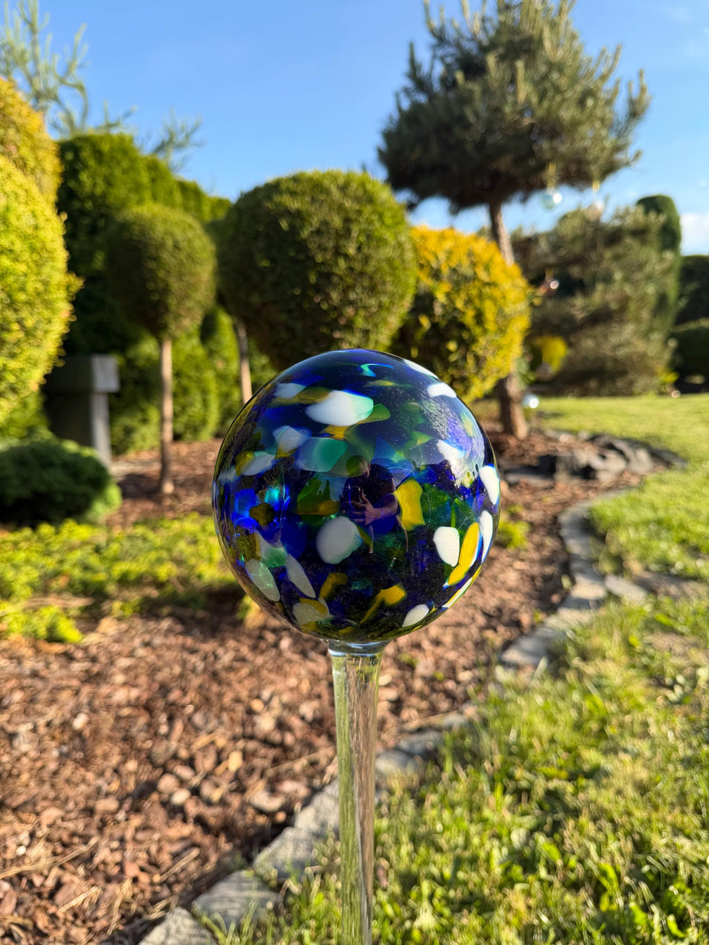 15cm Blue Confetti Glass Garden Stake - Hand Blown Garden Globe - 80cm Yard Art