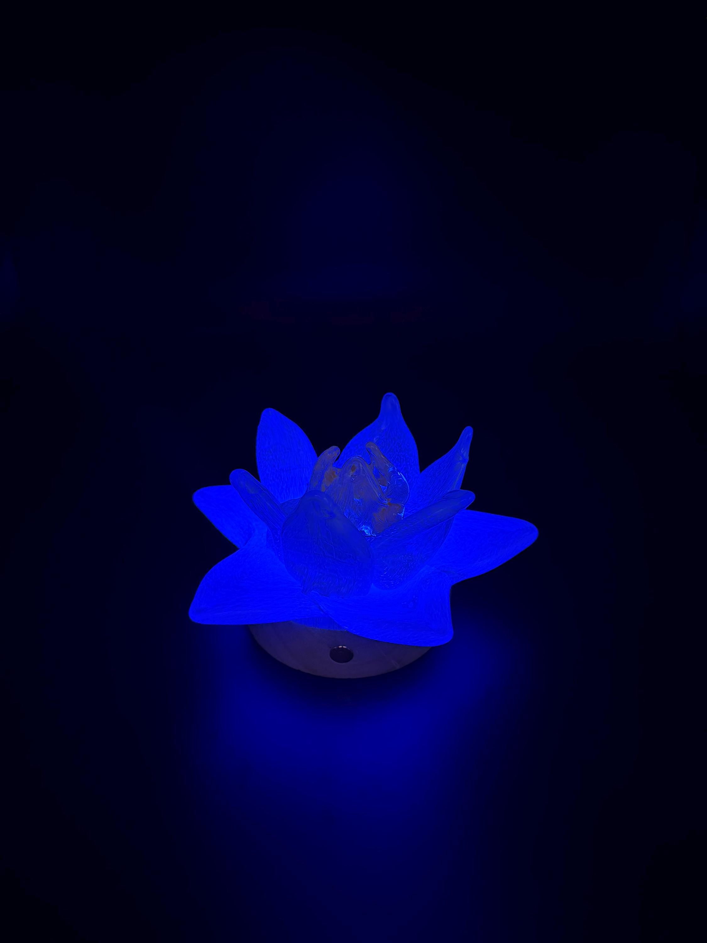 12cm Hand-Blown Glass Flower Lamp – White Petals, Wooden Base, Touch Control Night Light