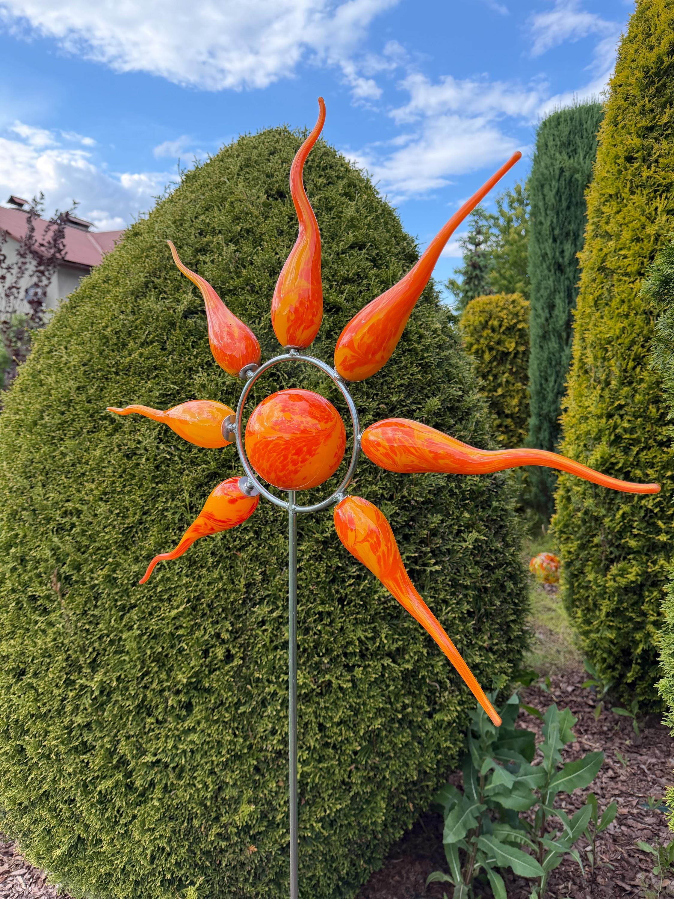 160cm Hand-Blown Glass Sun Garden Stake – Orange Outdoor Yard Art