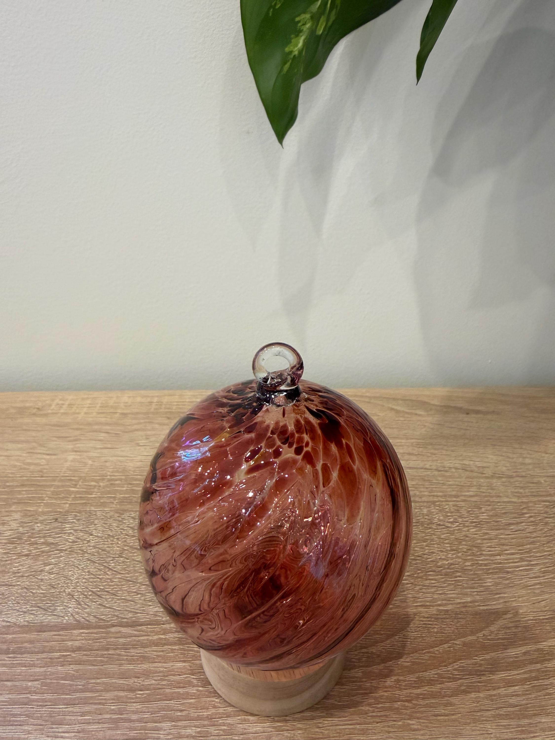 10cm Hand-Blown Red Pink Swirl Glass Ornament – Hanging Ball