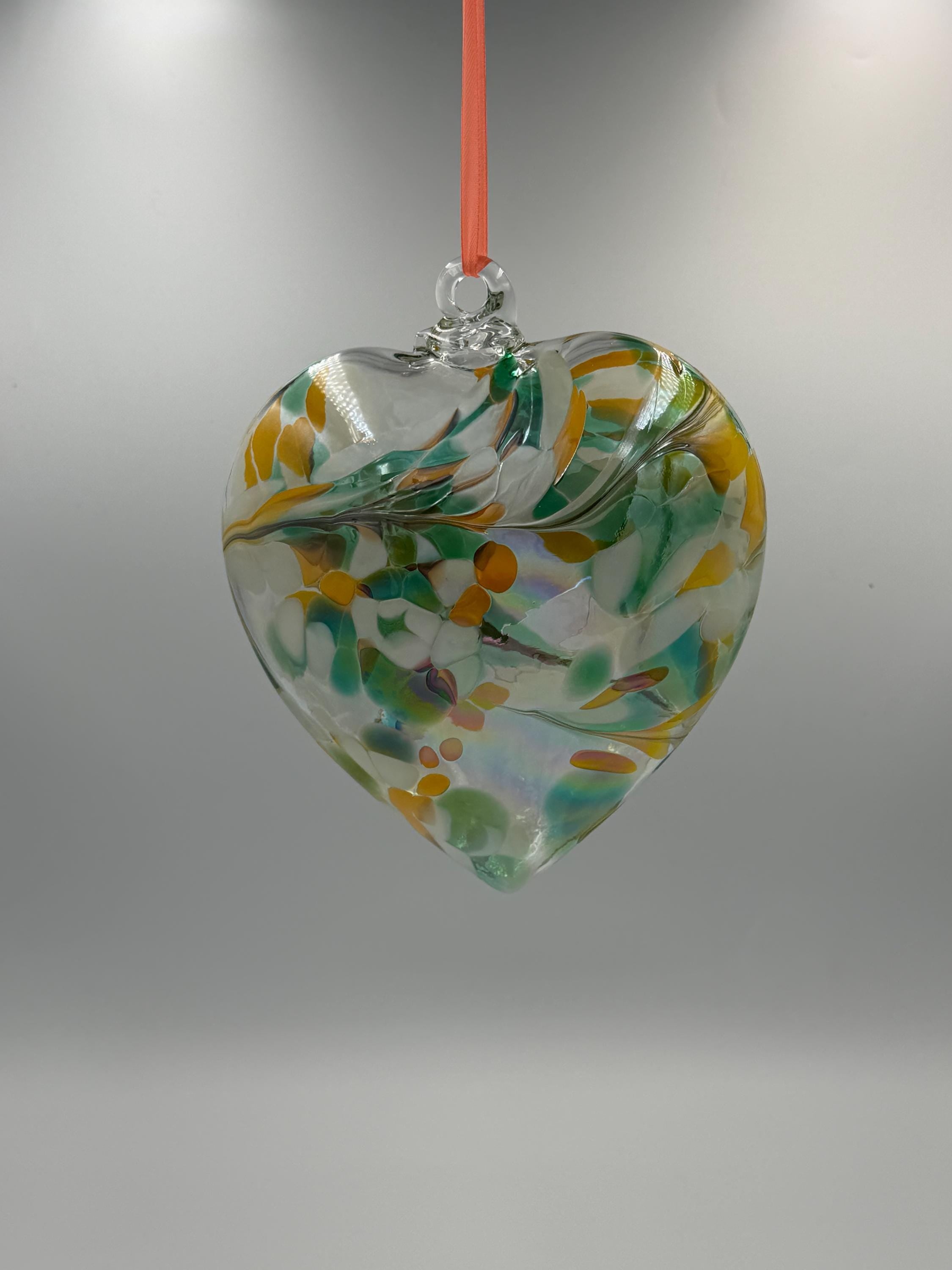 Hand Blown Glass Heart Ornament – Green & Amber Heart Suncatcher – Hanging Art