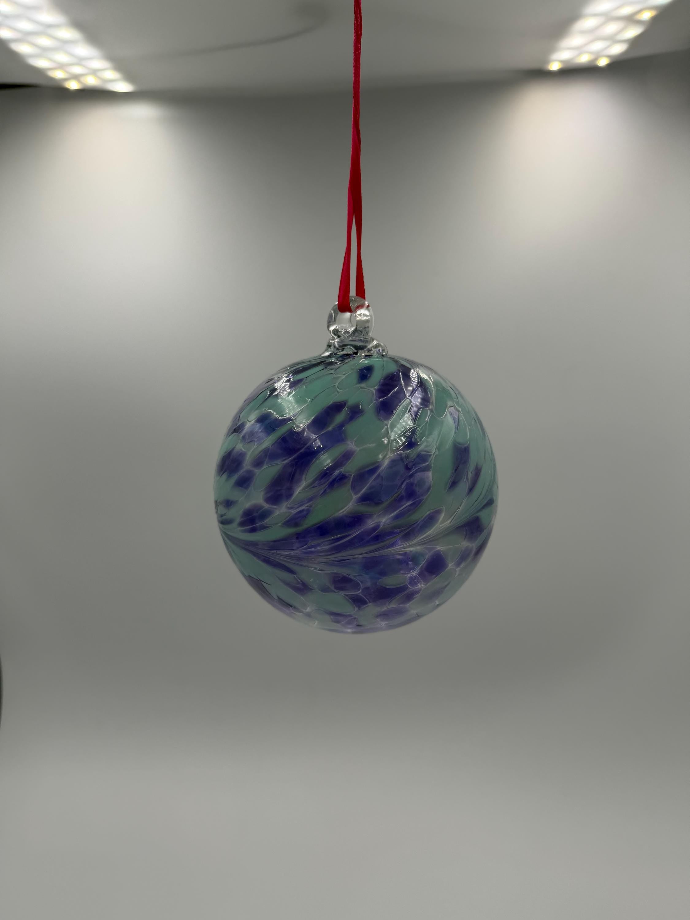 10cm Hand-Blown Crackle Glass Ornament – Purple Teal Hanging Sphere