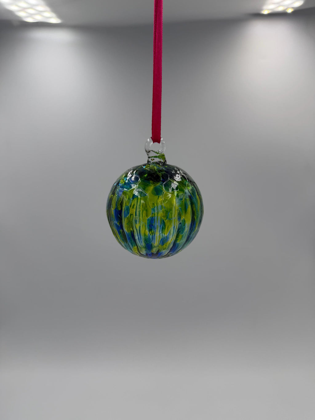 6cm Hand-Blown Crackle Glass Ornament – Green Blue Yellow Swirl Hanging Ball