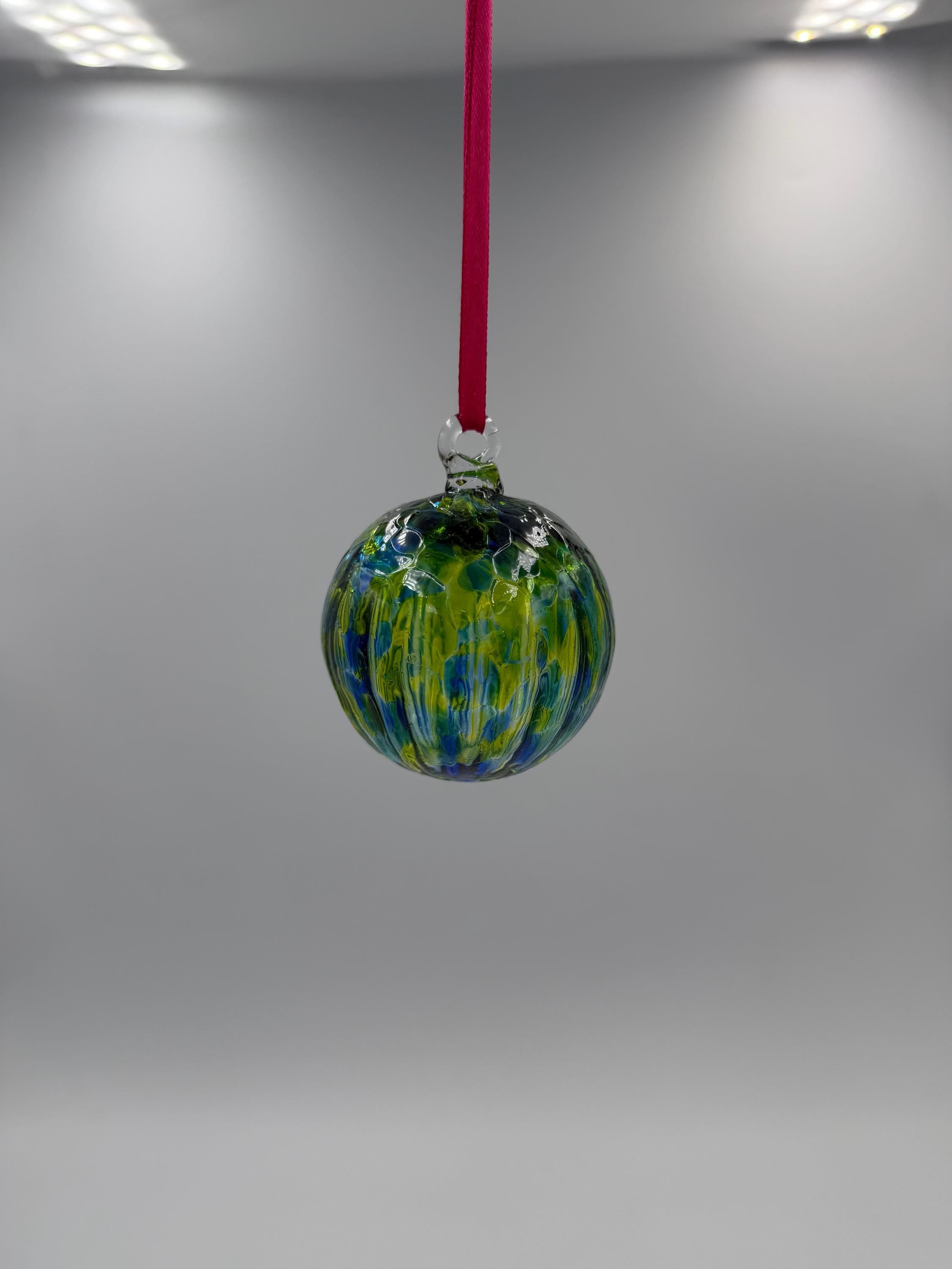 6cm Hand-Blown Crackle Glass Ornament – Green Blue Yellow Swirl Hanging Ball