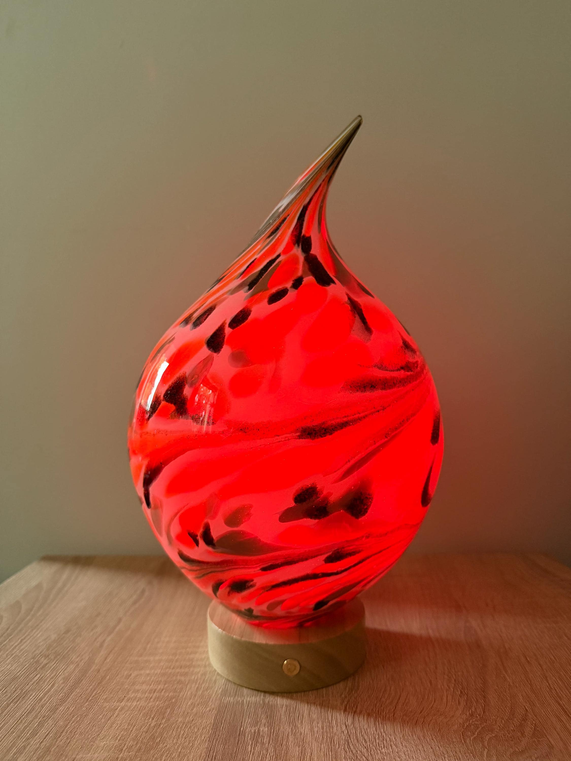 25cm Hand-Blown Gold Yellow Black Teardrop Glass Lamp – LED Touch Light Wooden Base