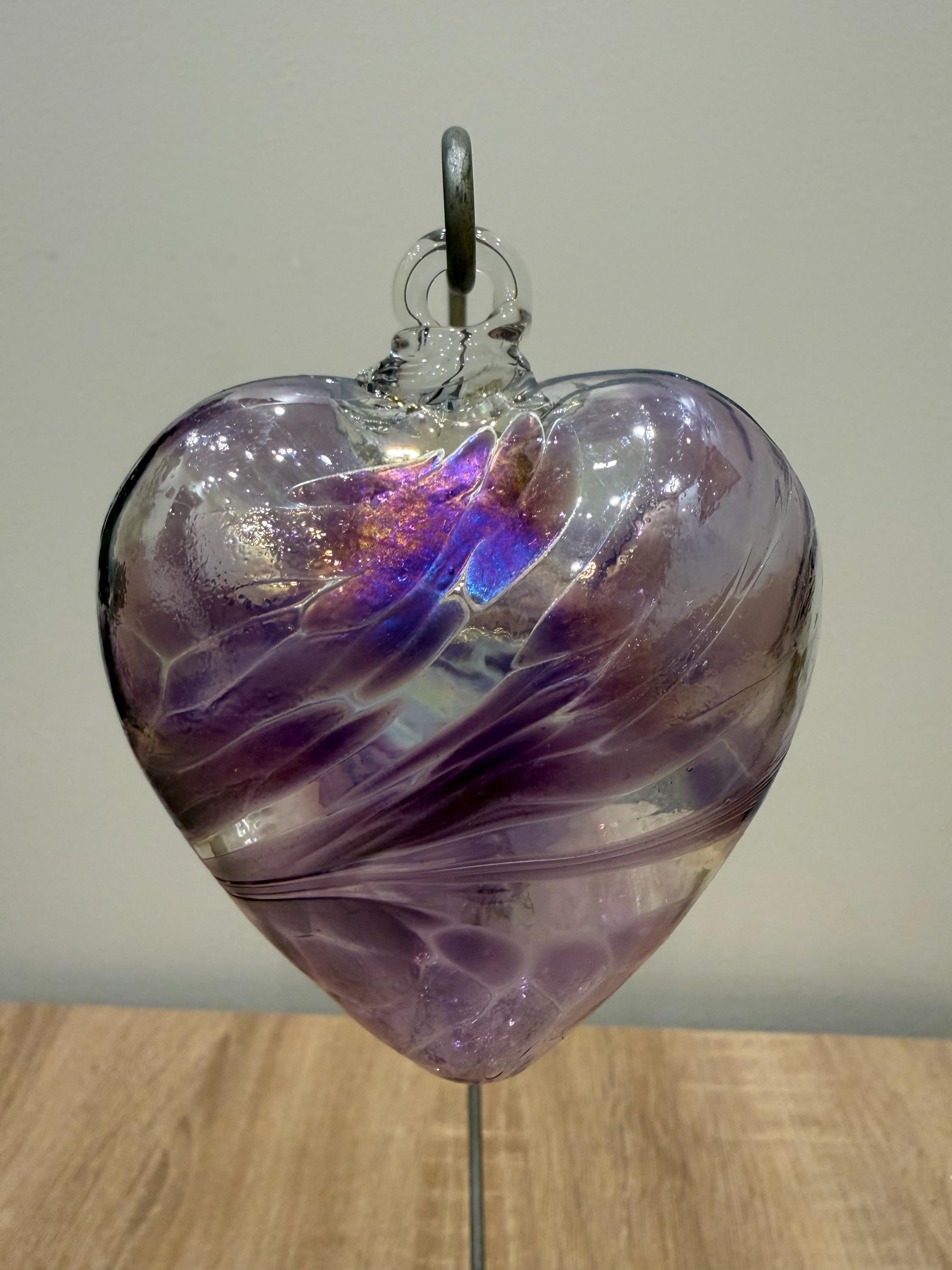 Hand-Blown Glass Heart Ornament 8cm – Purple Iridescent Crackle Heart – Custom Color Option
