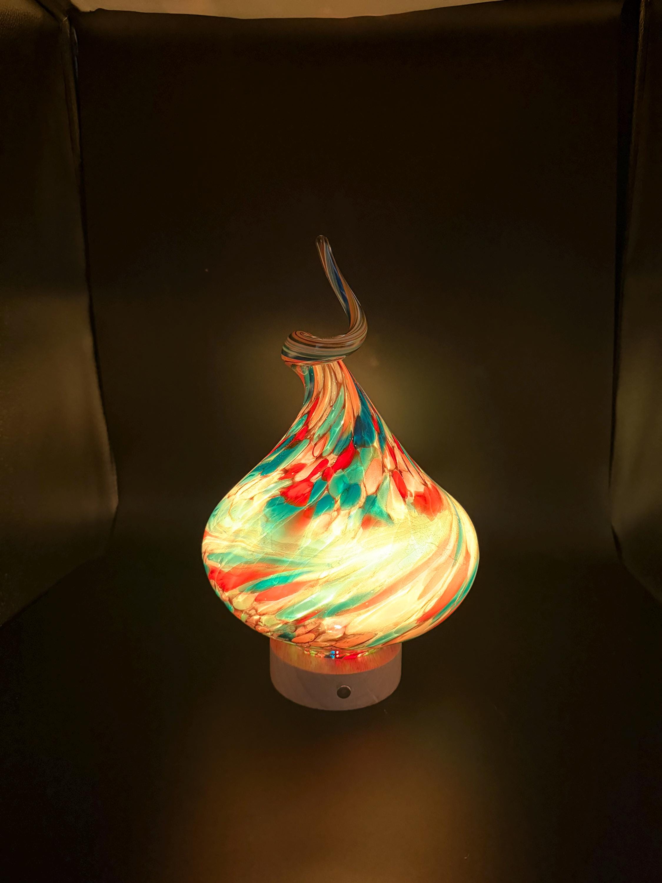 Hand-Blown Glass Swirl Lamp – Blue Yellow Artistic Accent Light (Battery Operated)