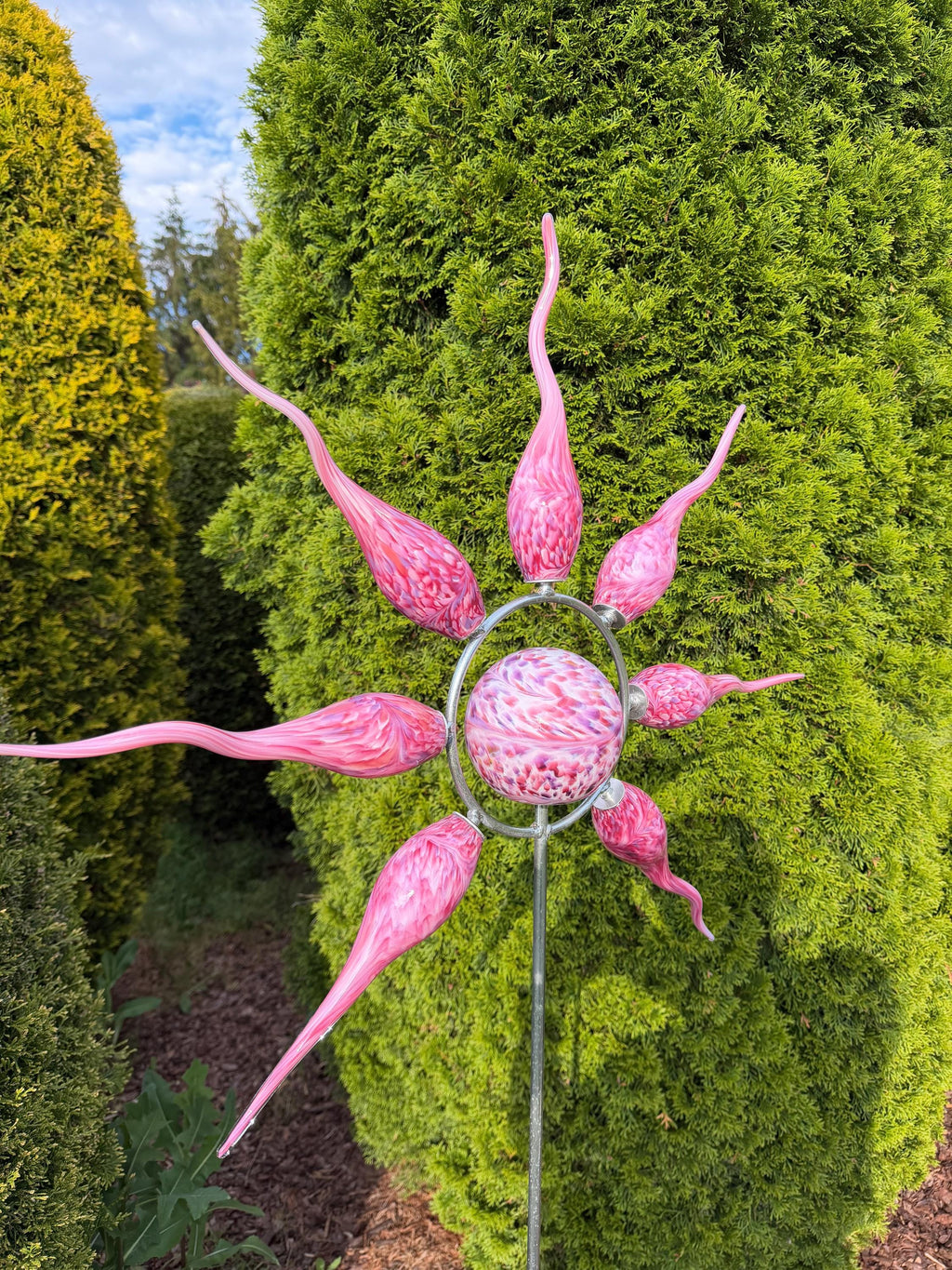 160cm Hand-Blown Pink Glass Sun Garden Stake – Metal Yard Art Sculpture – Outdoor Garden Decor