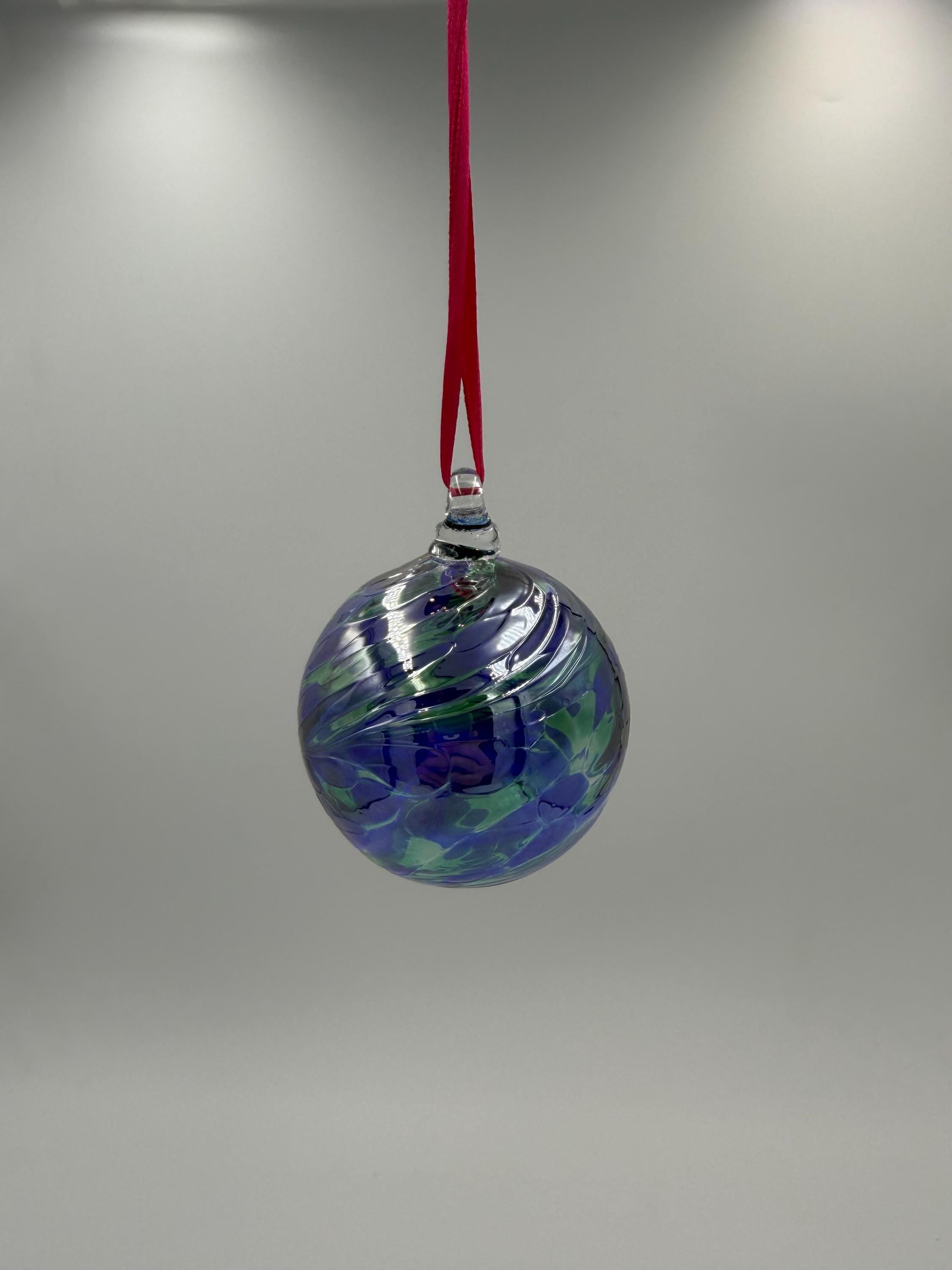 6cm Hand-Blown Crackle Glass Ornament – Blue Green Purple Swirl Hanging Ball