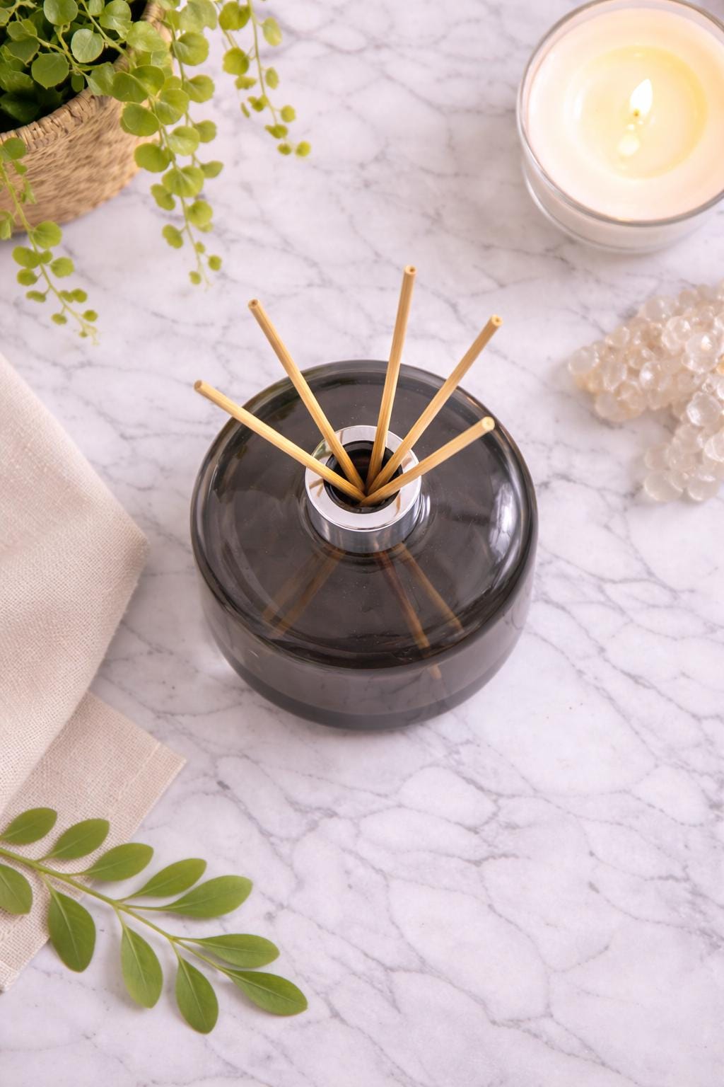 Handblown Art Glass Reed Diffuser Bottle – Smoke Gray Minimalist, Silver Collar