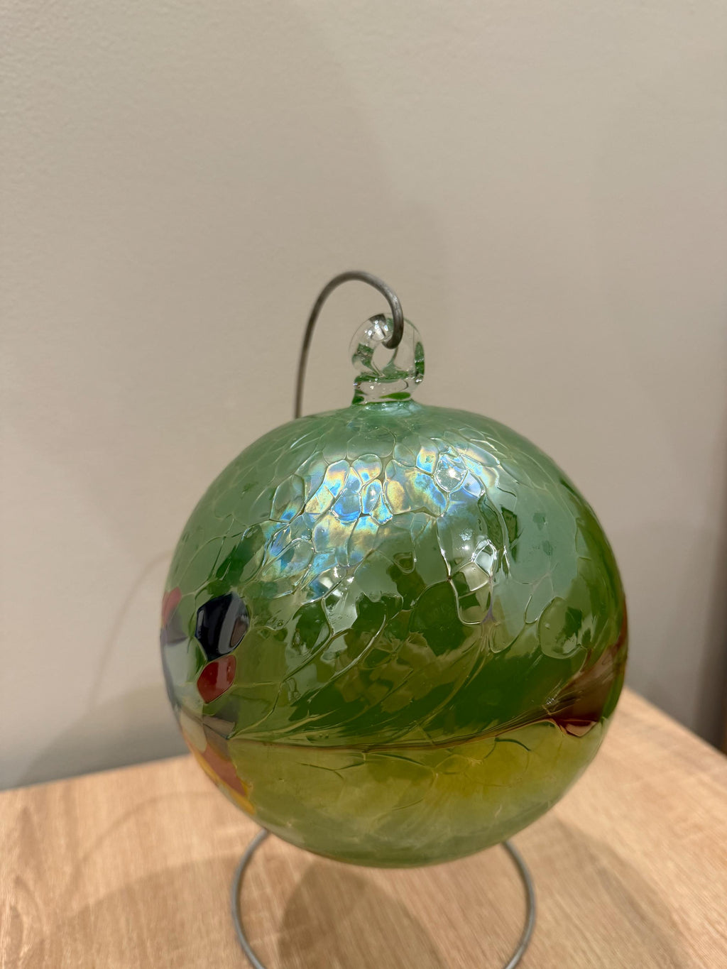 Handcrafted Art Glass Sphere | Green Suncatcher, Blue Red Swirls, Window Decor