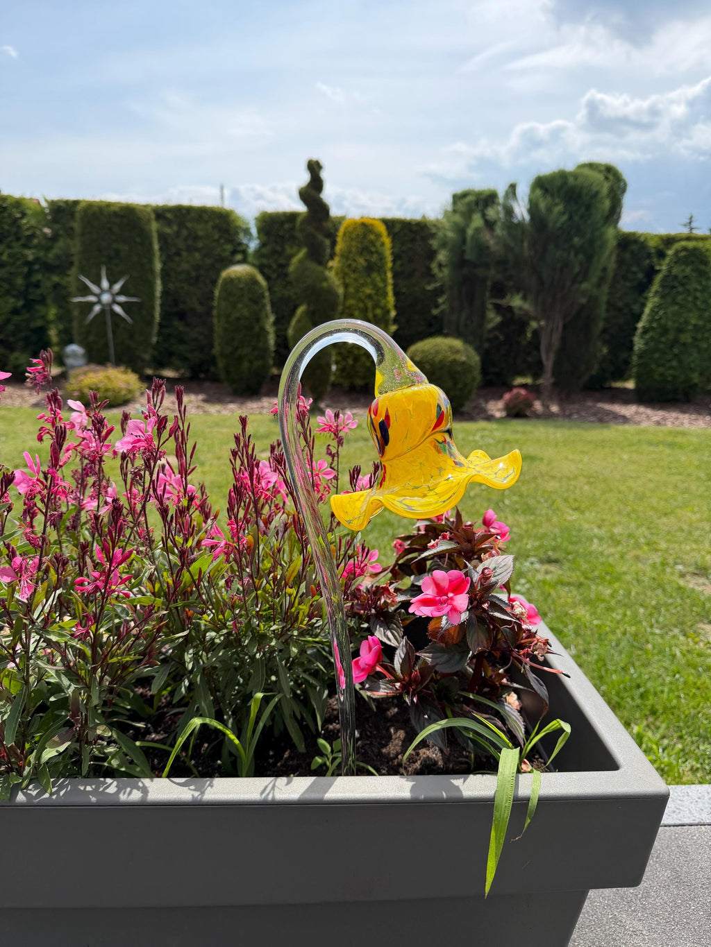 12cm Yellow Glass Flower Garden Stake - Hand Blown Garden Art - 50cm Decor