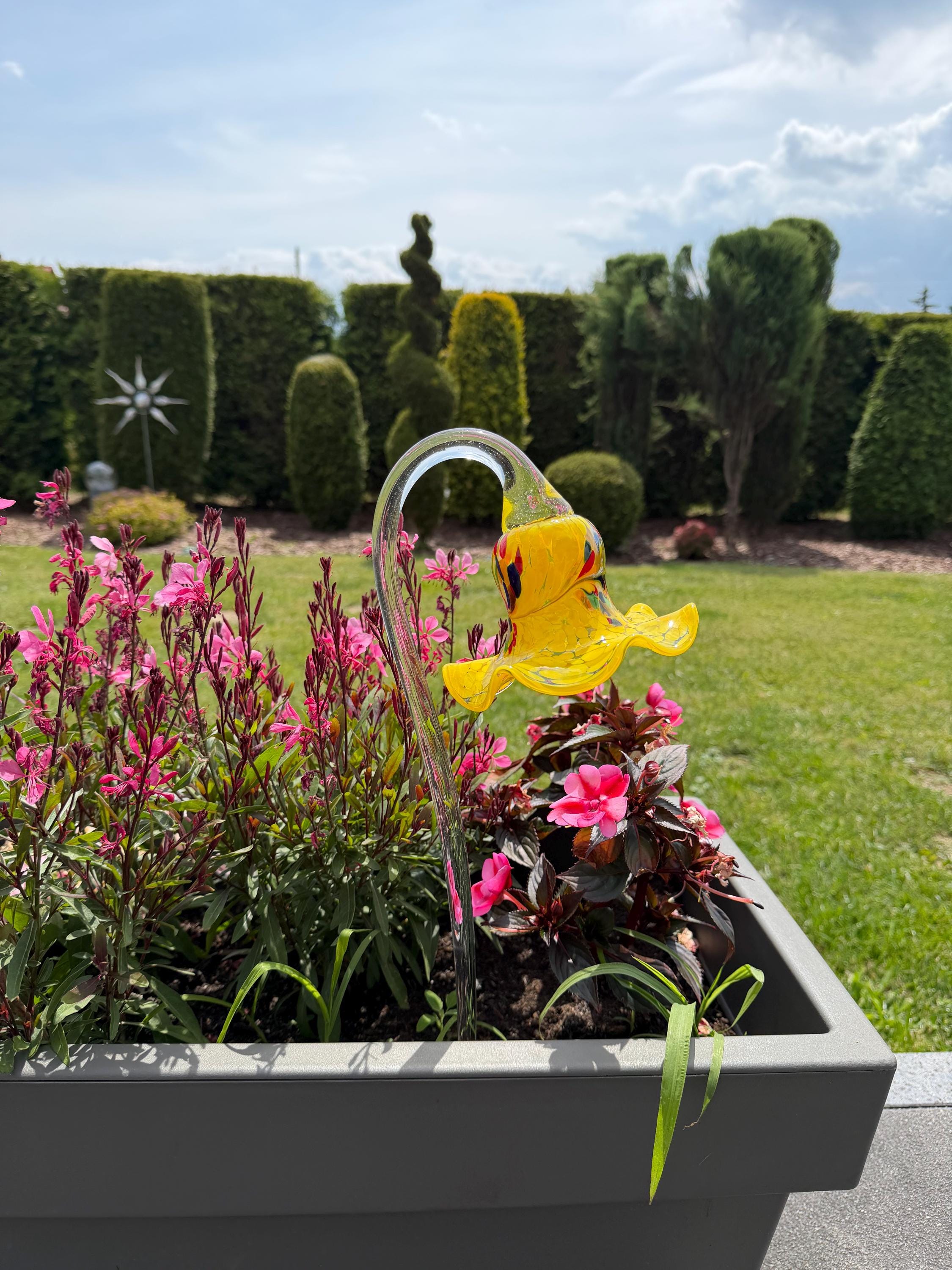 12cm Yellow Glass Flower Garden Stake - Hand Blown Garden Art - 50cm Decor