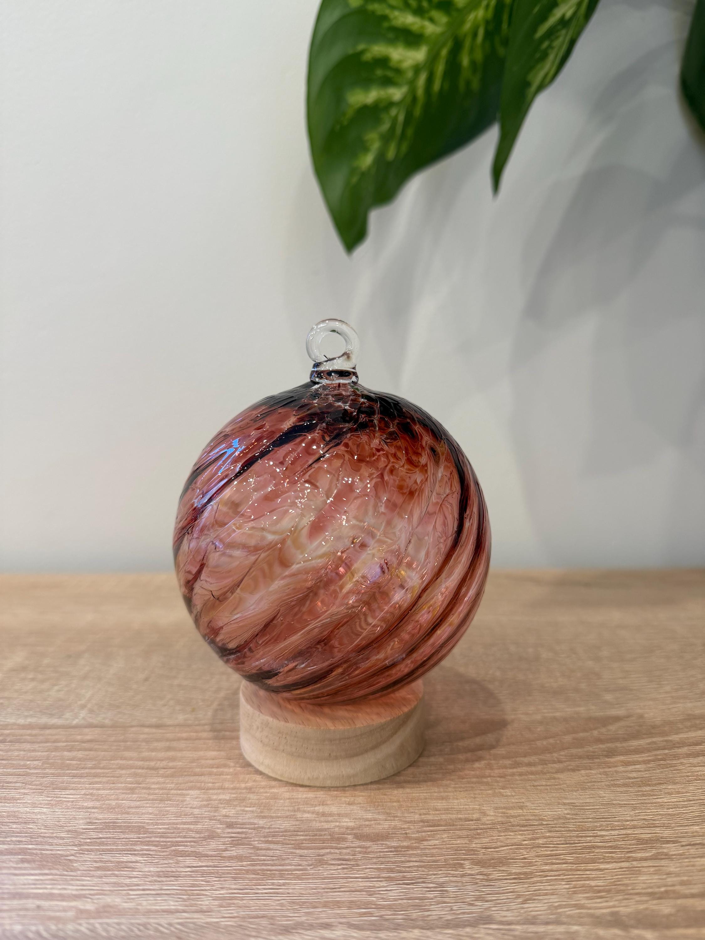 10cm Hand-Blown Red Pink Swirl Glass Ornament – Hanging Ball