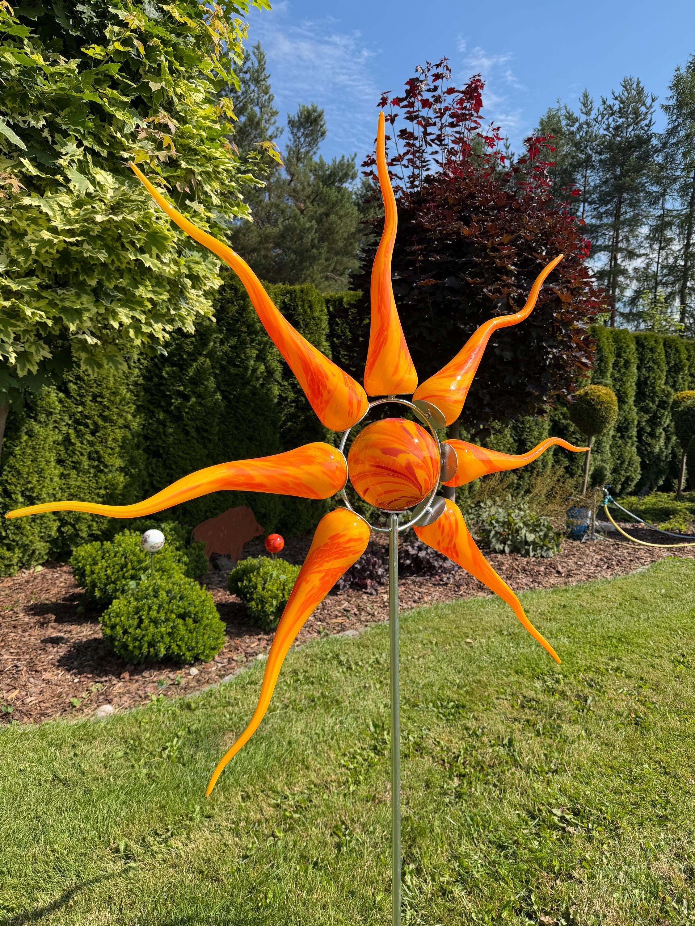 190cm Glass Sun Garden Stake - Hand Blown Sun Sculpture - Outdoor Yard Art