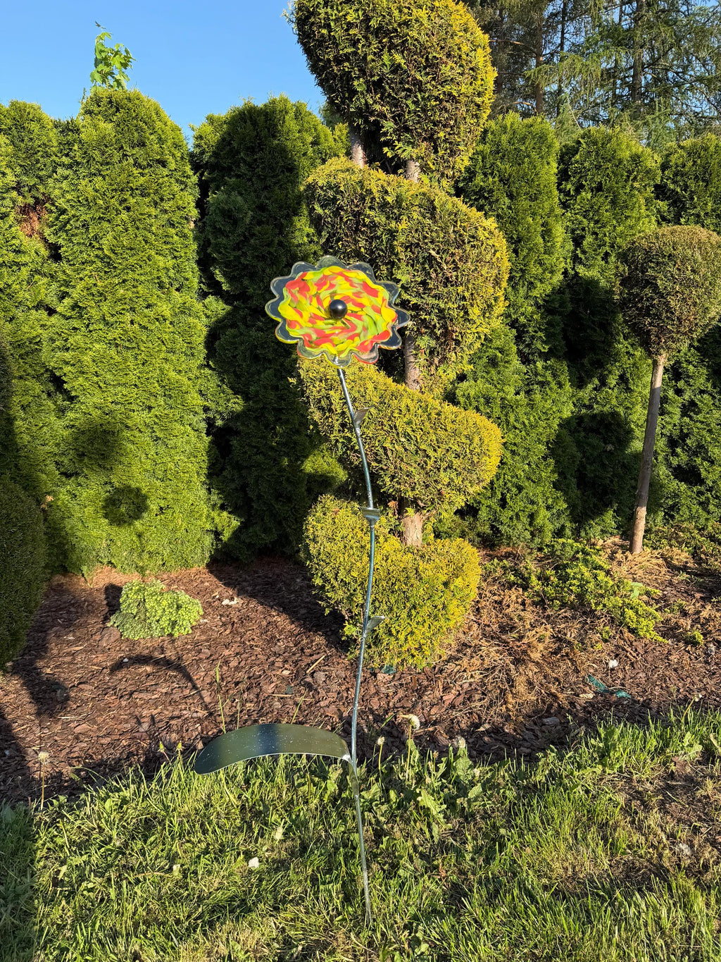 130cm Hand-Blown Multicolor Glass Flower Sculpture on Metal Stake – 22cm Large Garden Art