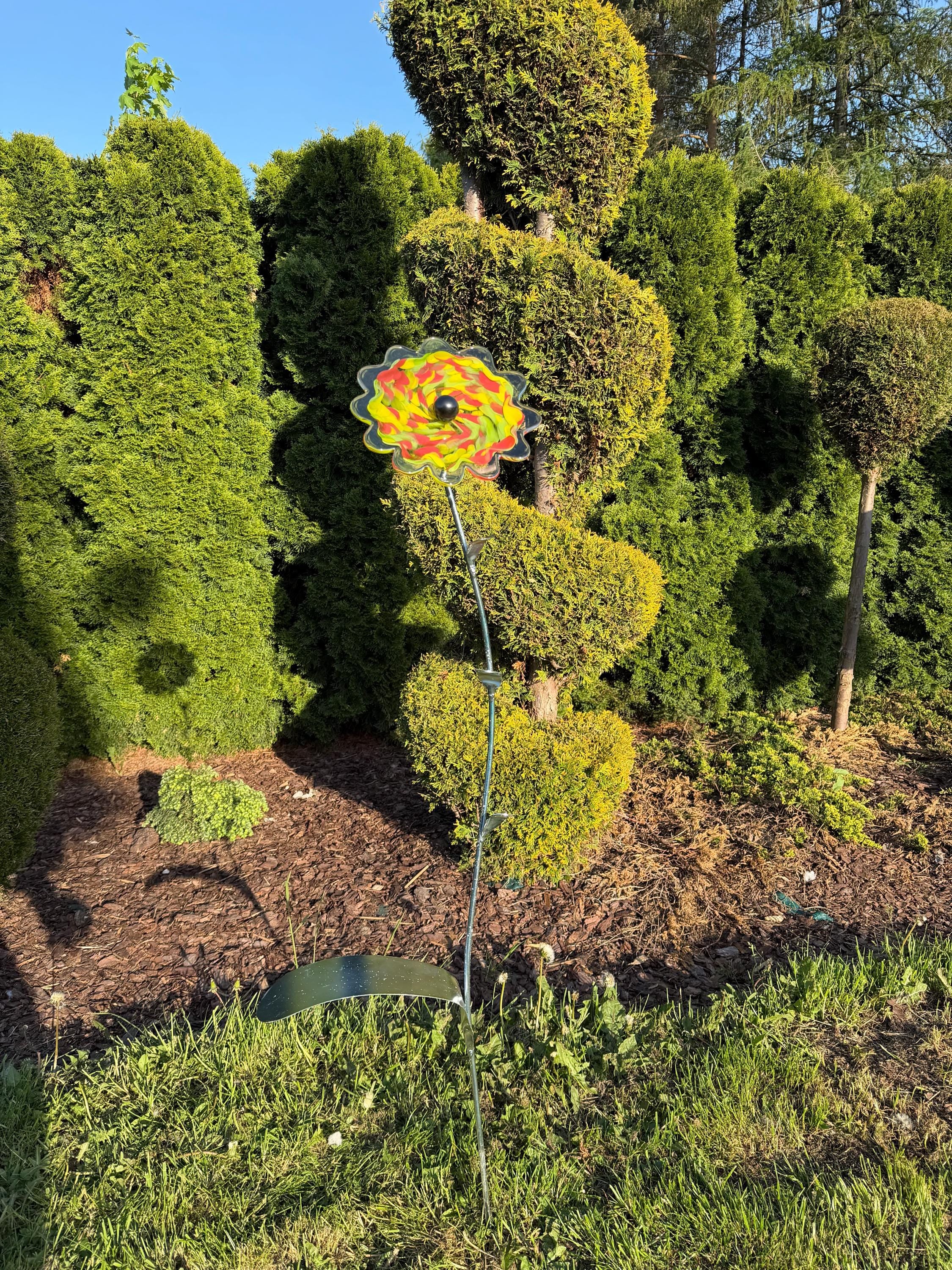 130cm Hand-Blown Multicolor Glass Flower Sculpture on Metal Stake – 22cm Large Garden Art