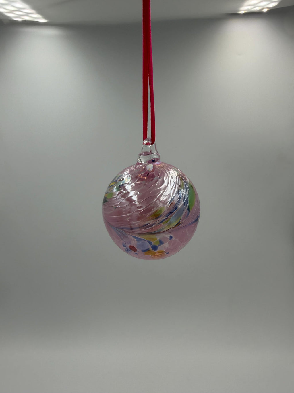 6cm Hand-Blown Crackle Glass Ornament – Pink Multicolor Swirl Hanging Ball