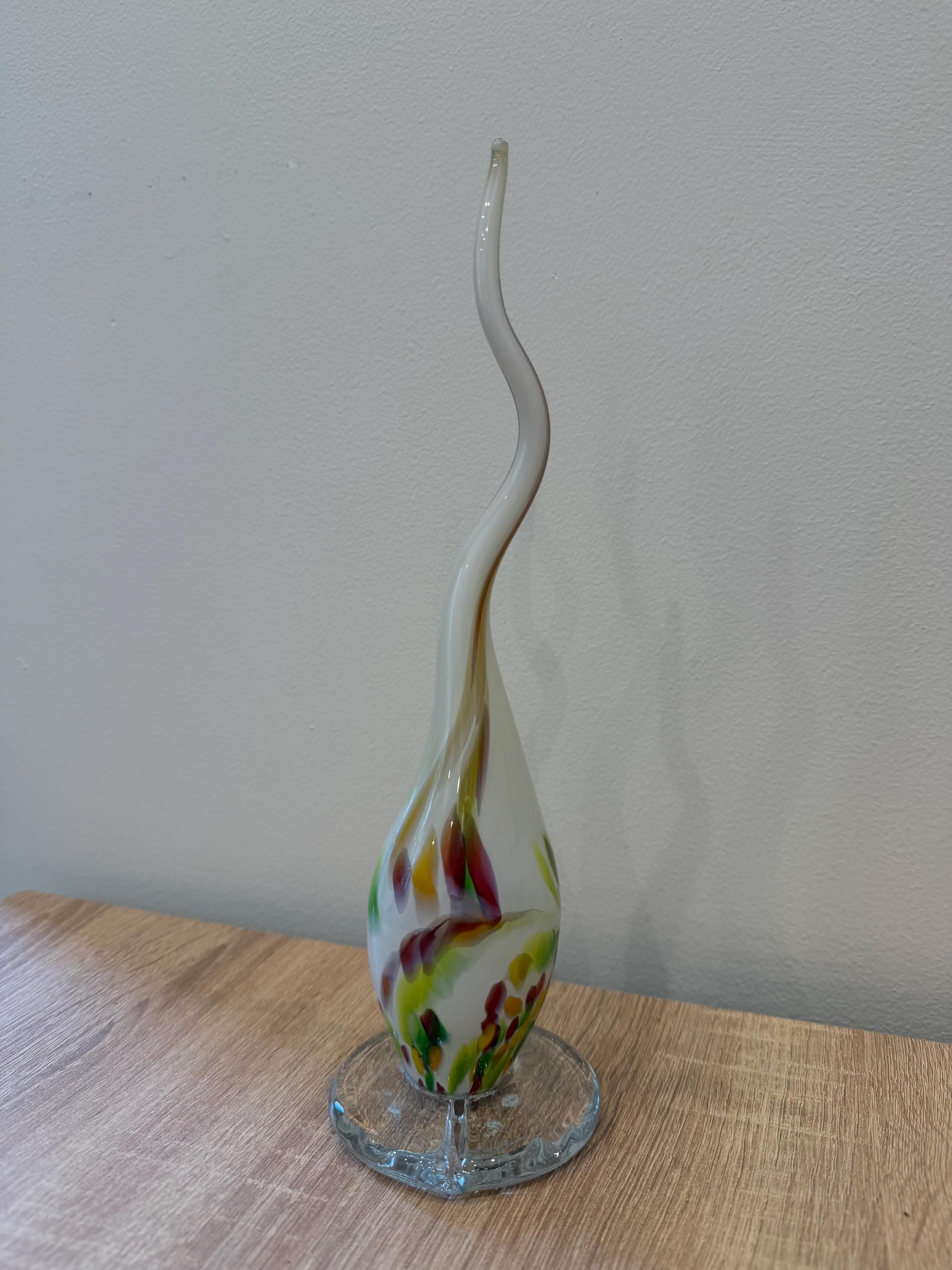 Hand-Blown Glass Spike Sculpture 30cm – White Multicolor Swirl Elegant Art Object