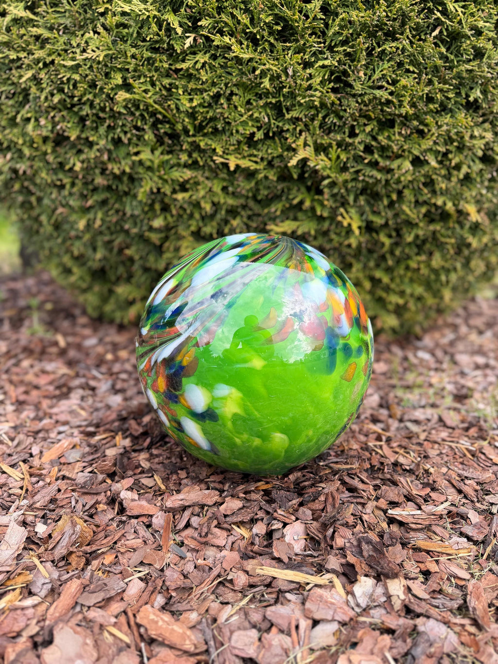 30cm Hand-Blown Glass Garden Sphere – Multicolor Green Swirl Large Gazing Ball